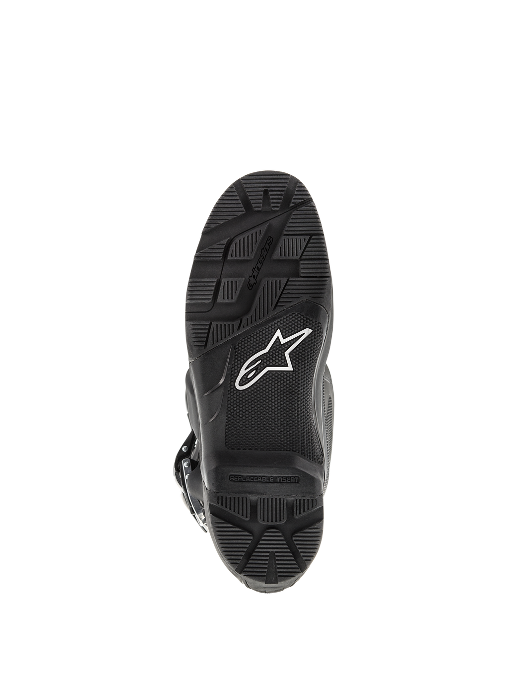 Botas Alpinestars Tech 7 Enduro, negras, vista inferior de la suela con patrón de dibujo robusto para conducción de Enduro, logotipo de estrella blanca e inserto de estribo reemplazable.