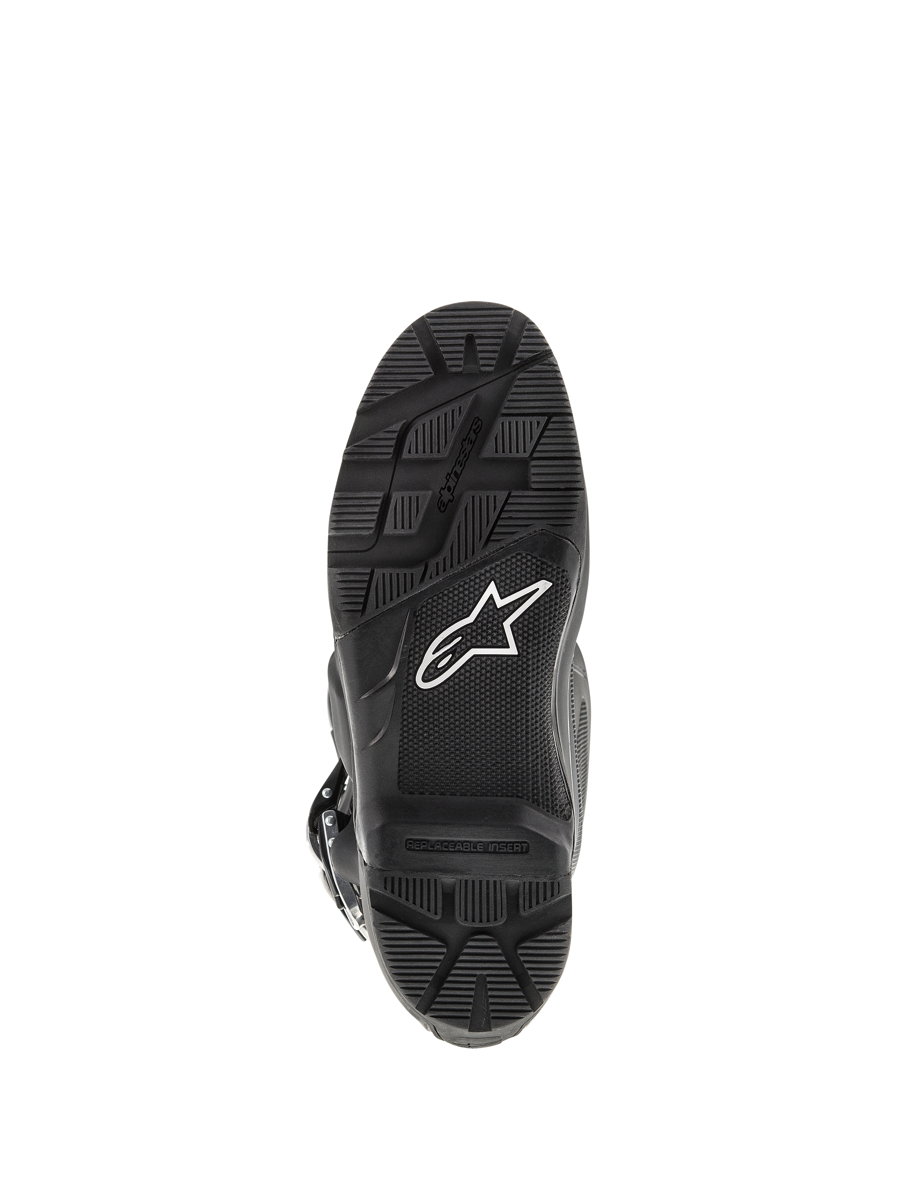 Botas Alpinestars Tech 7 Enduro, negras, vista inferior de la suela con patrón de dibujo robusto para conducción de Enduro, logotipo de estrella blanca e inserto de estribo reemplazable.
