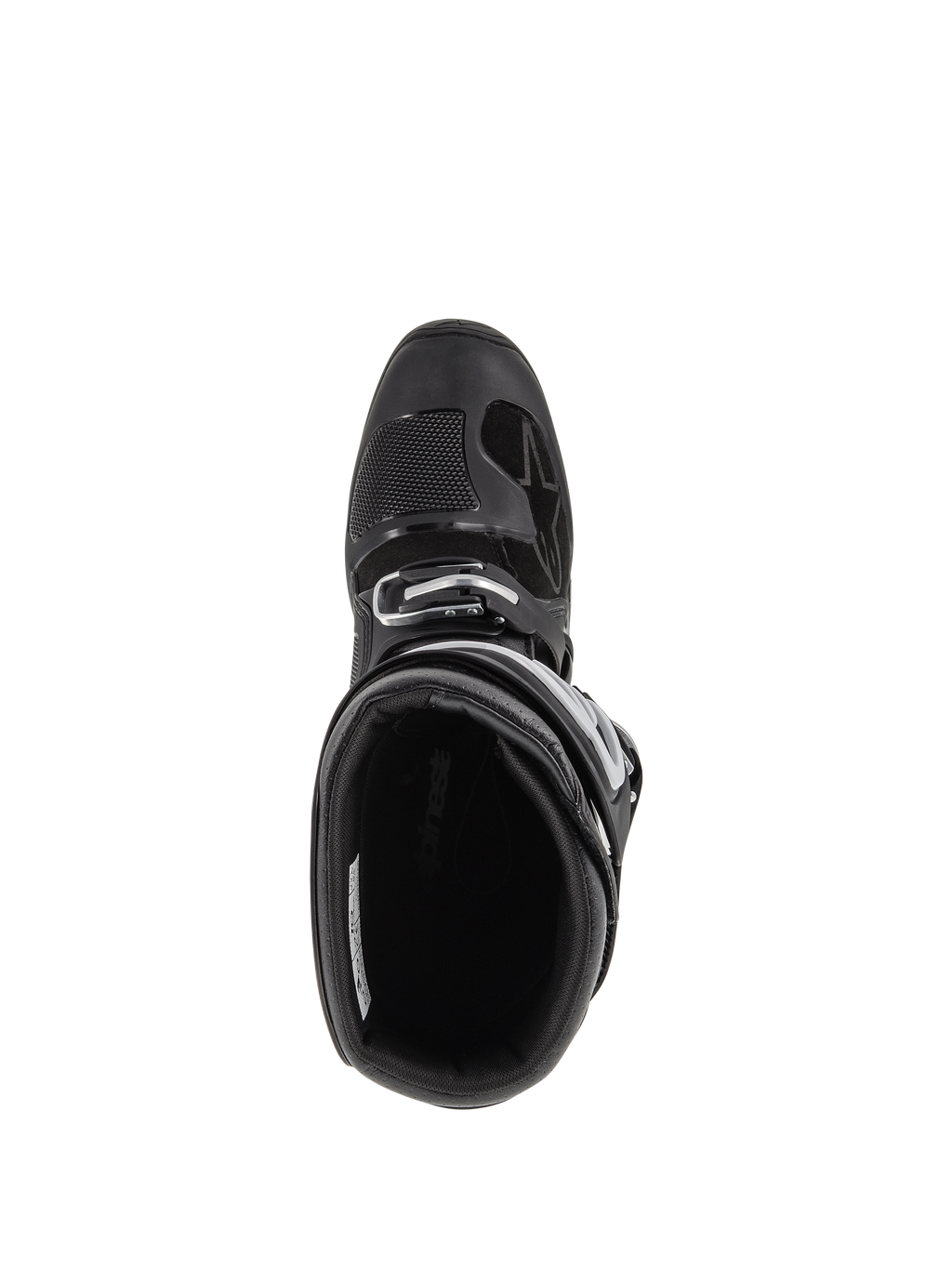 Alpinestars Tech 7 Enduro Boots, botas de motocross, negras, vista desde arriba hacia el interior acolchado, mostrando el sistema de cierre de hebilla ajustable y la puntera reforzada con almohadilla de cambio texturizada.