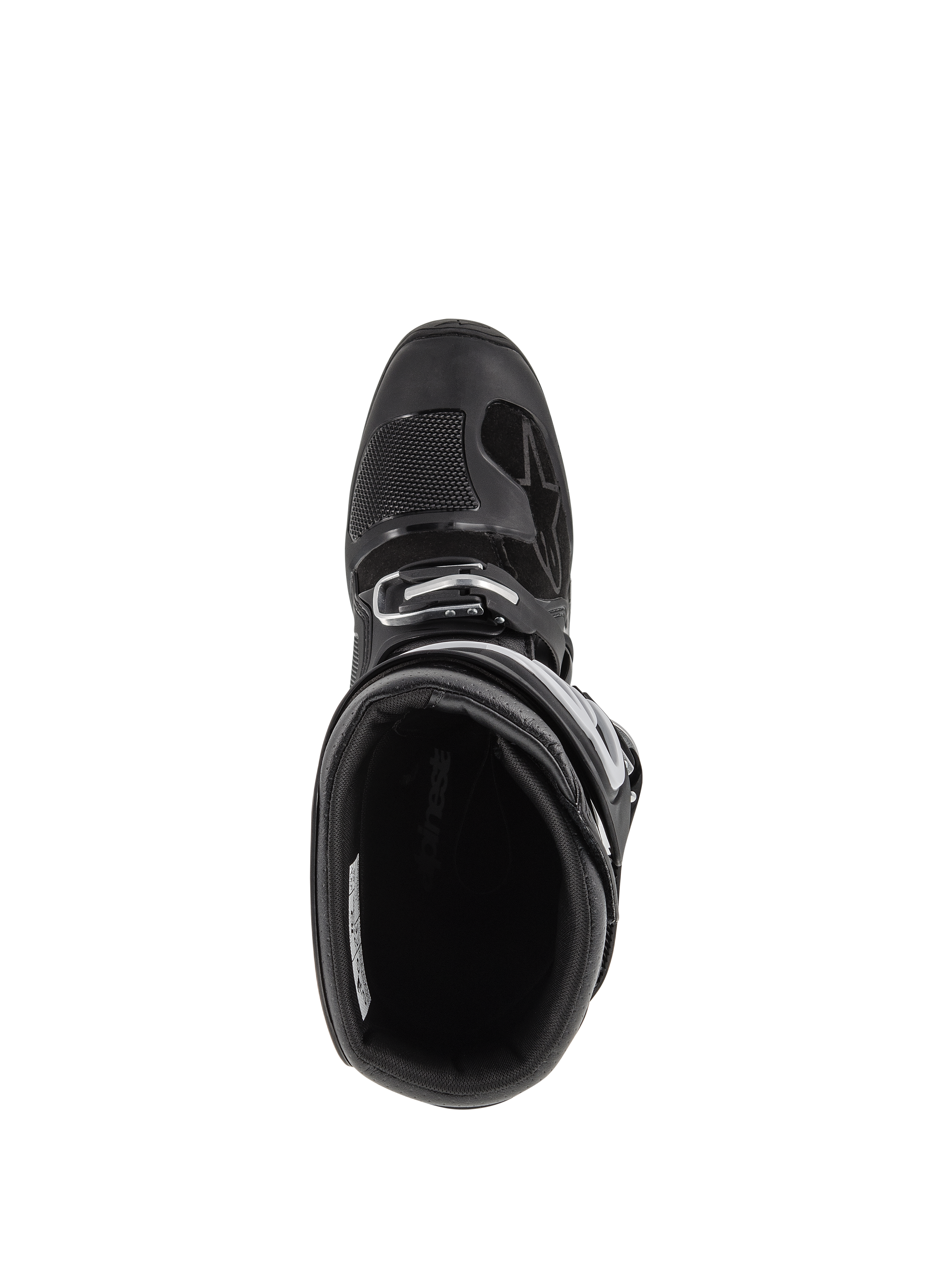 Alpinestars Tech 7 Enduro Boots, botas de motocross, negras, vista desde arriba hacia el interior acolchado, mostrando el sistema de cierre de hebilla ajustable y la puntera reforzada con almohadilla de cambio texturizada.