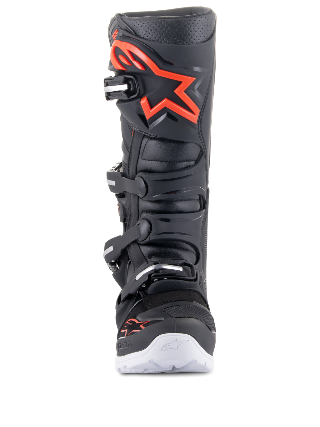 Botas Alpinestars Tech 7 Enduro, negro y rojo flúor, vista frontal, con un gran logotipo rojo en la espinillera, sistema de cierre de cuatro hebillas y detalles blancos en la suela, calzado profesional de motocross y todoterreno.