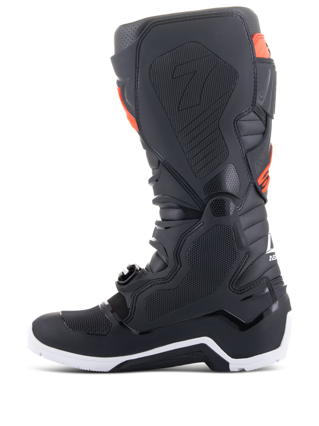 Botas Alpinestars Tech 7 Enduro, negro y rojo fluorescente, vista de perfil medial con paneles de agarre con estructura de panal y suela blanca, botas de alto rendimiento para motociclismo off-road