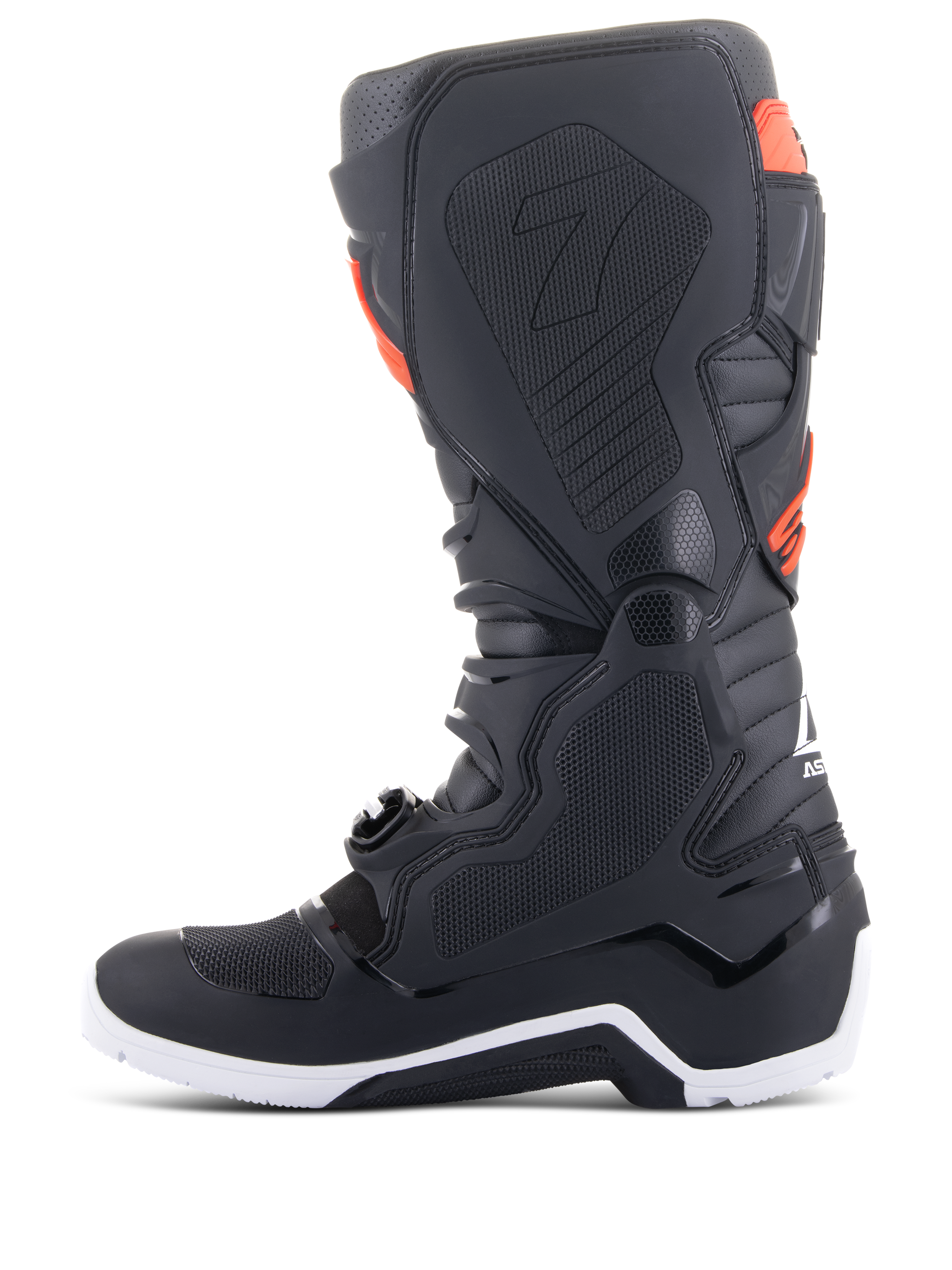 Botas Alpinestars Tech 7 Enduro, negro y rojo fluorescente, vista de perfil medial con paneles de agarre con estructura de panal y suela blanca, botas de alto rendimiento para motociclismo off-road