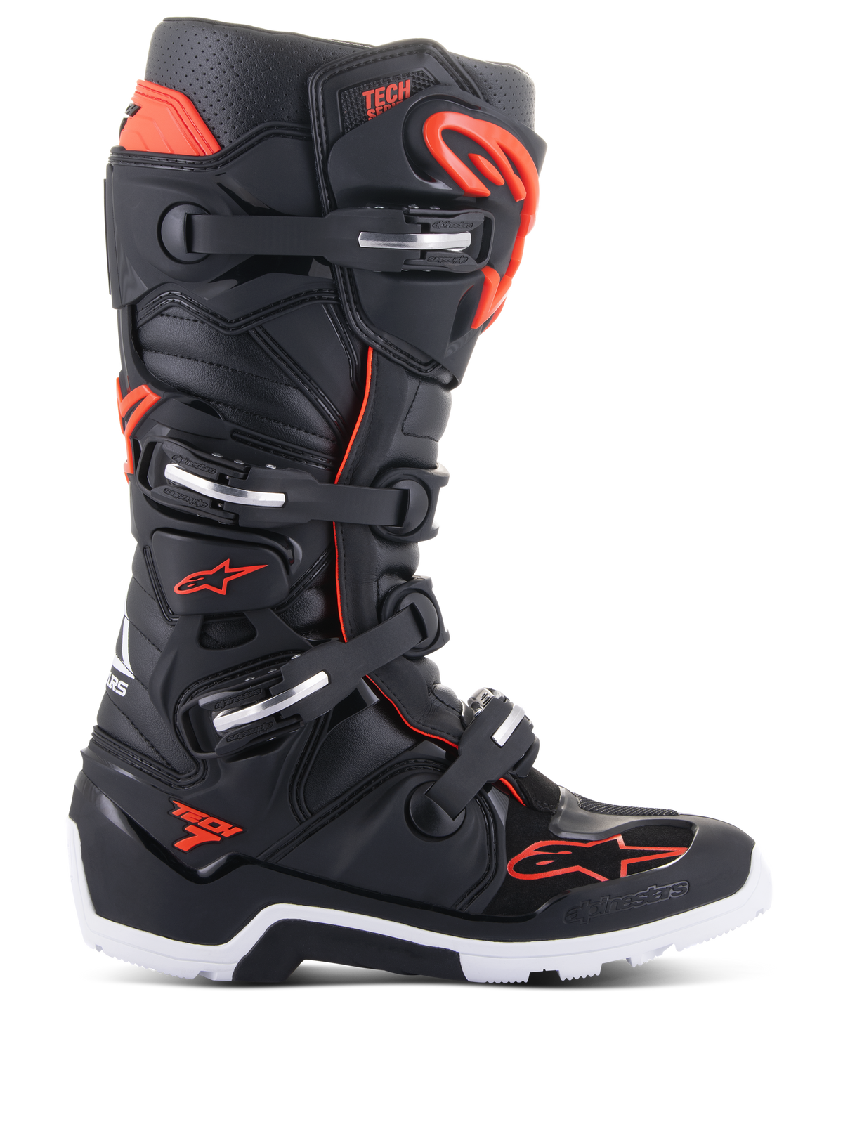 Alpinestars Tech 7 Enduro Boots, Motocross Off-Road Boots, Black and Red Fluo, four-buckle closure system with silver accents, white and black rugged sole, Alpinestars logo on toe and side, professional-grade protection for enduro and trail riding