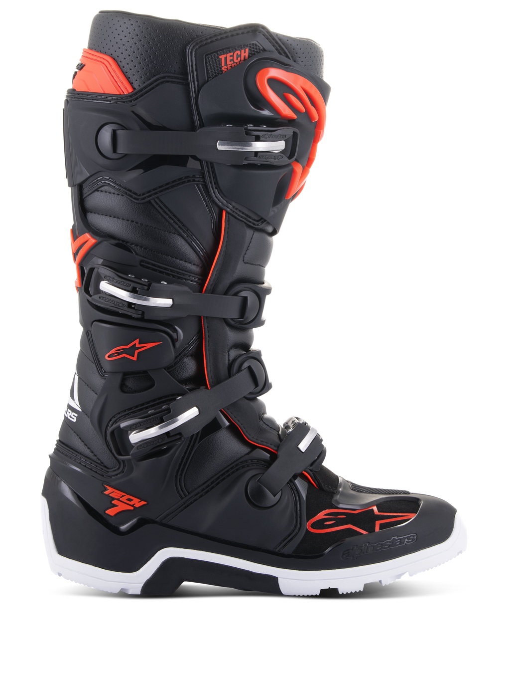 Alpinestars Tech 7 Enduro Boots, botas de motocross y off-road, en negro y rojo flúor, sistema de cierre de cuatro hebillas con detalles plateados, suela robusta en blanco y negro, logotipo de Alpinestars en la puntera y el lateral, protección de nivel profesional para conducción de enduro y trail