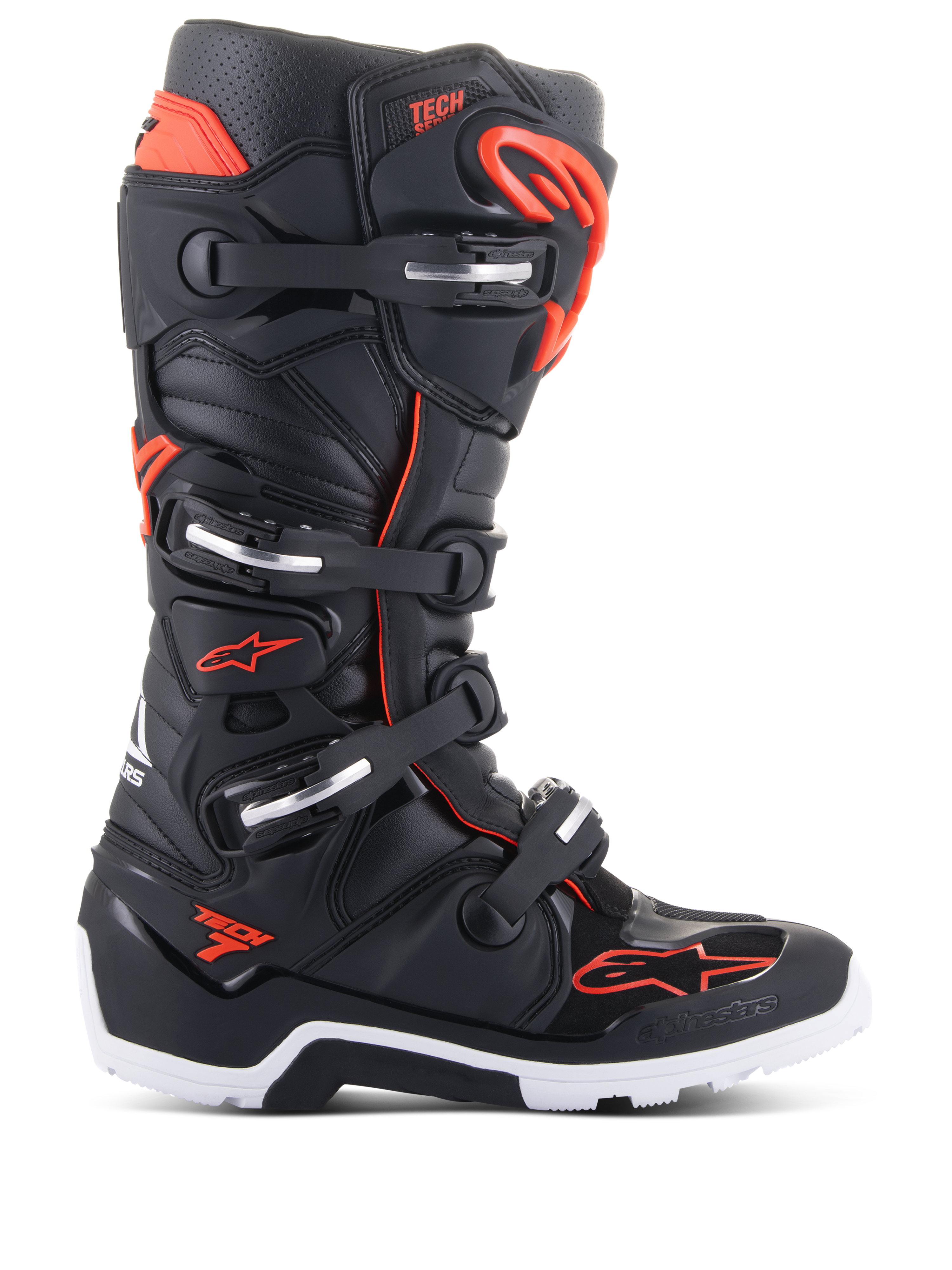Alpinestars Tech 7 Enduro Boots, botas de motocross y off-road, en negro y rojo flúor, sistema de cierre de cuatro hebillas con detalles plateados, suela robusta en blanco y negro, logotipo de Alpinestars en la puntera y el lateral, protección de nivel profesional para conducción de enduro y trail