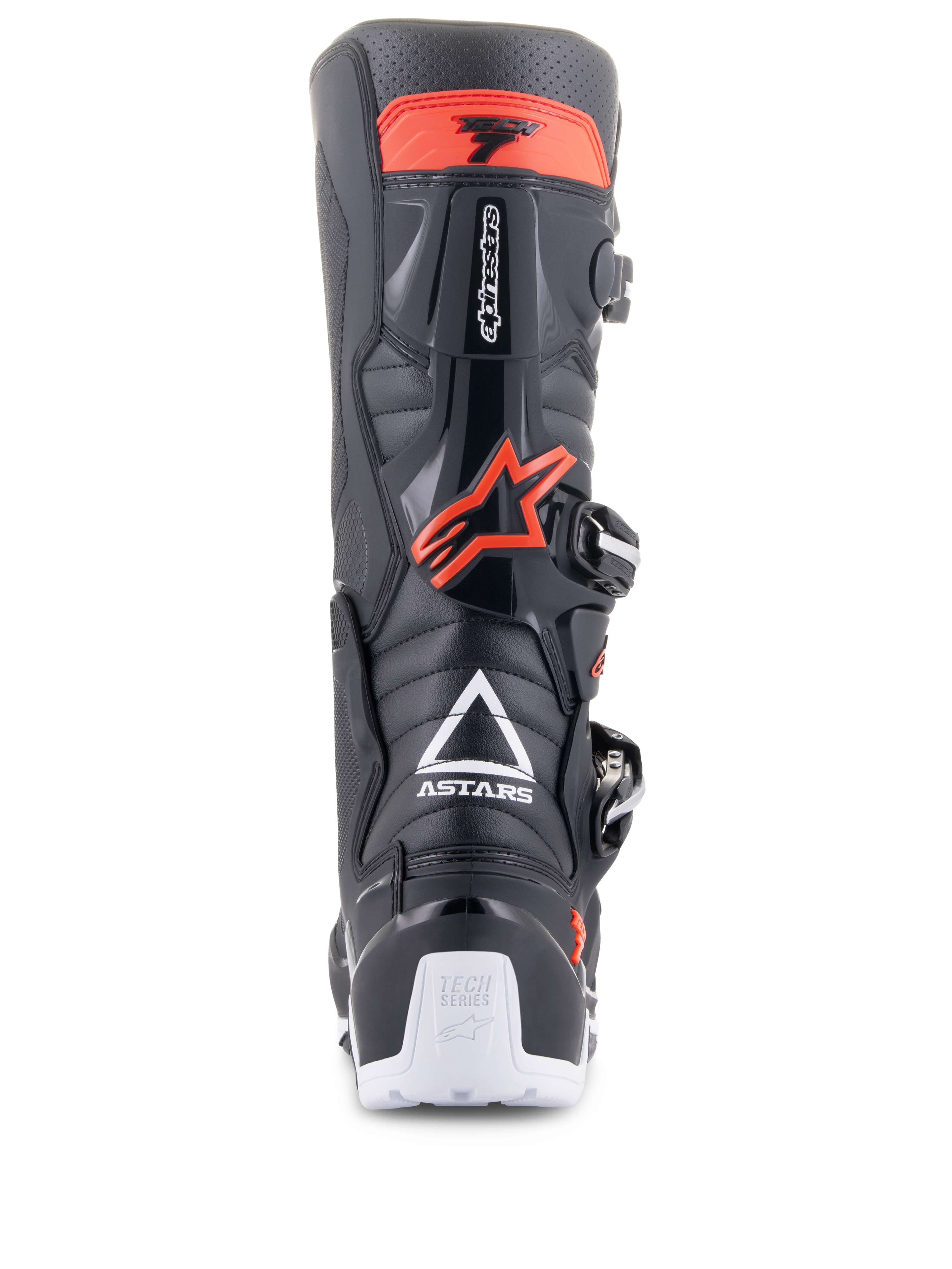 Botas Alpinestars Tech 7 Enduro, negro y rojo fluorescente, vista trasera con logotipo ASTARS blanco, protección de pantorrilla en TPU rojo y detalles en blanco en el talón, calzado duradero para motociclismo off-road