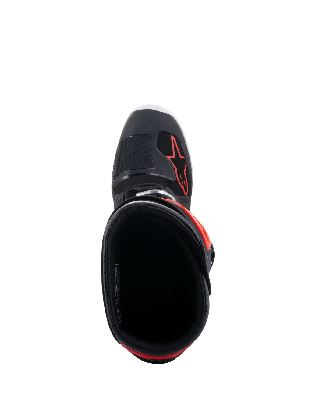 Botas Alpinestars Tech 7 Enduro, negro y rojo flúor, vista superior hacia la apertura de la bota, con forro interior negro y logotipo de estrella roja en la parte delantera