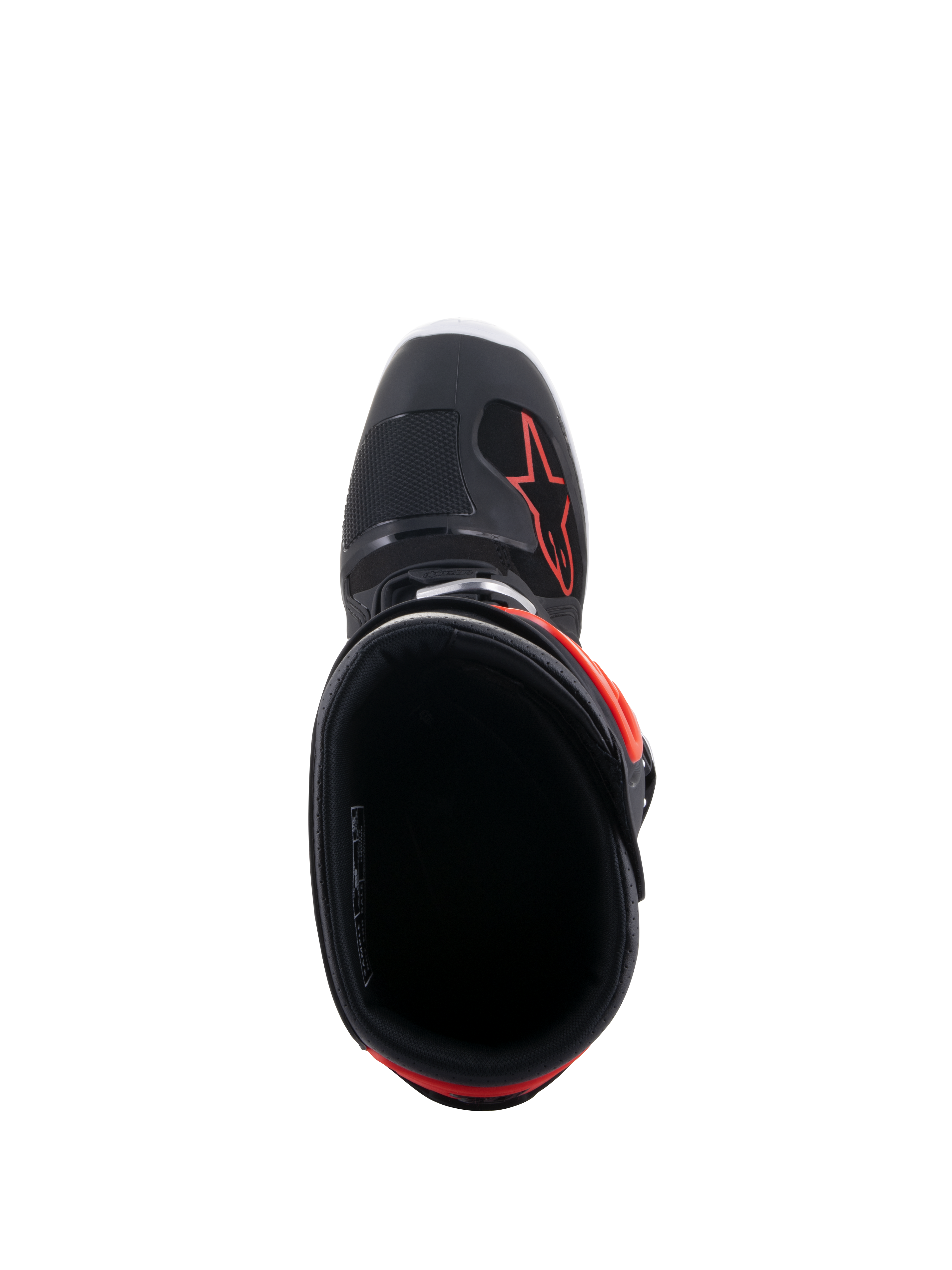 Botas Alpinestars Tech 7 Enduro, negro y rojo flúor, vista superior hacia la apertura de la bota, con forro interior negro y logotipo de estrella roja en la parte delantera