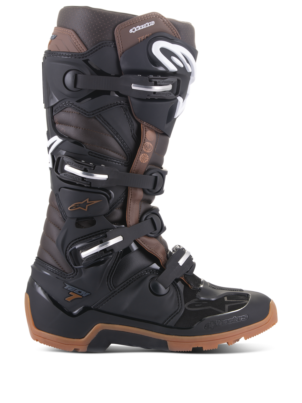 Alpinestars Tech 7 Enduro Boots, botas de moto todoterreno, negro y marrón oscuro, múltiples hebillas ajustables, suela de enduro robusta, construcción protectora para enduro y motocross