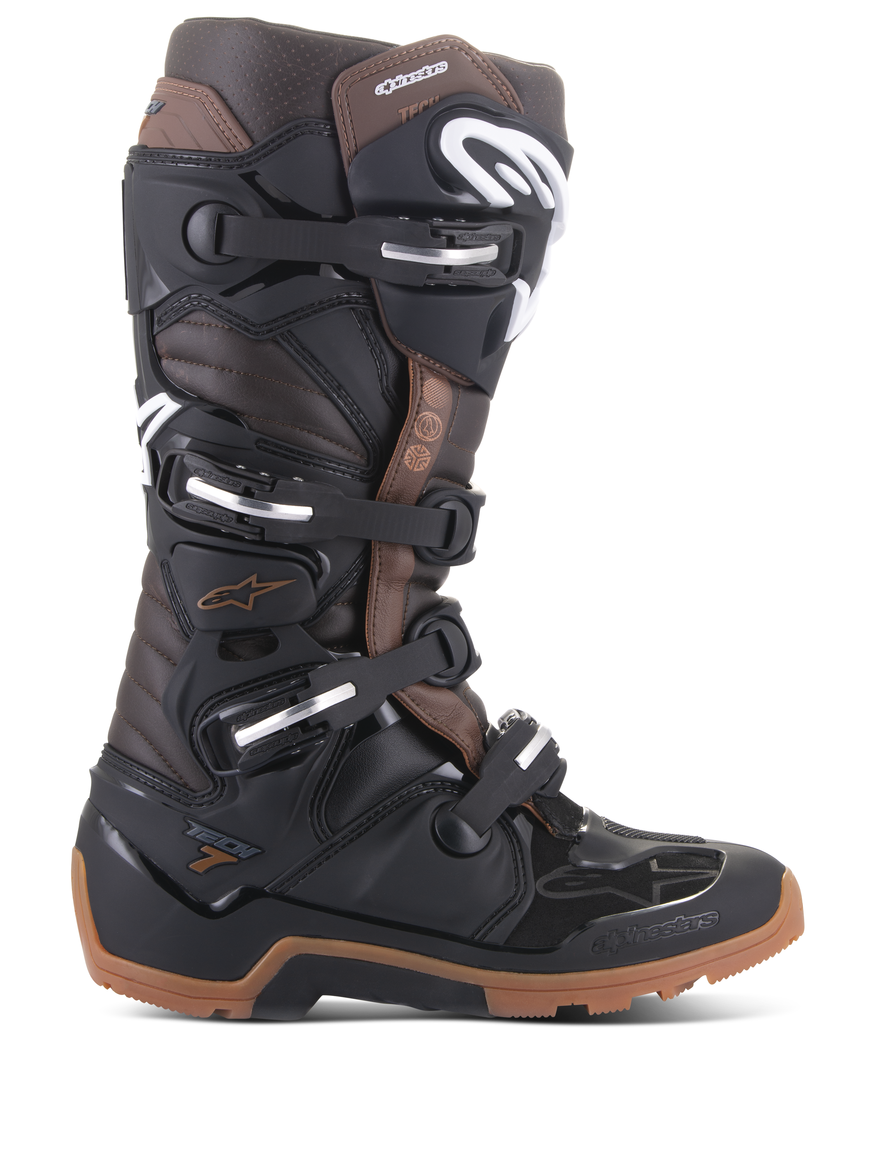 Alpinestars Tech 7 Enduro Boots, botas de moto todoterreno, negro y marrón oscuro, múltiples hebillas ajustables, suela de enduro robusta, construcción protectora para enduro y motocross