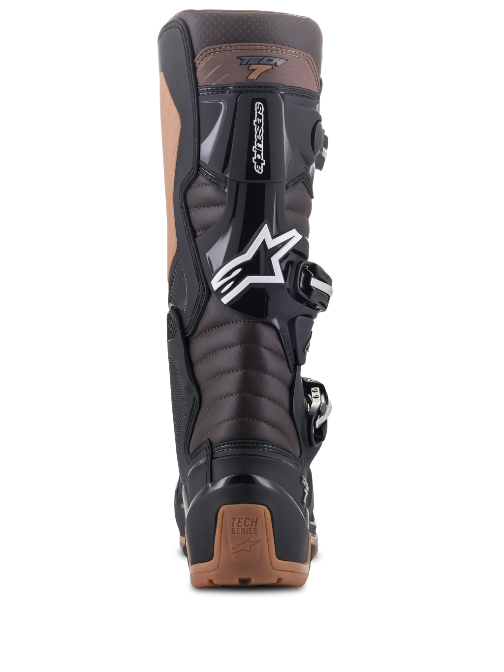 Botas Alpinestars Tech 7 Enduro, color negro y marrón oscuro, vista trasera mostrando las zonas de flexión de acordeón en el tendón de Aquiles y protección de TPU, con el logotipo de la estrella de Alpinestars en blanco y detalles en el talón color canela, diseño robusto para enduro y conducción off-road.