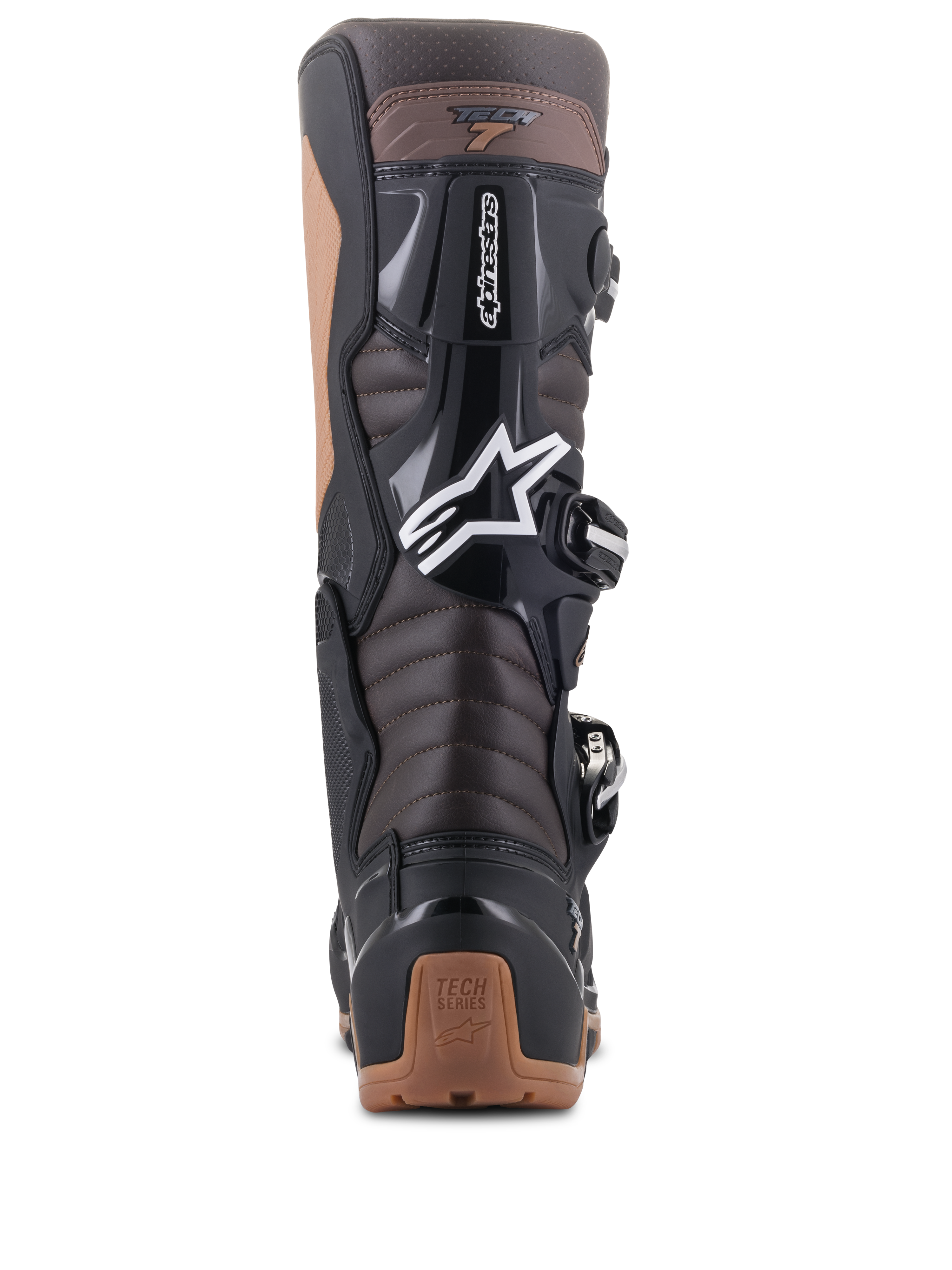 Botas Alpinestars Tech 7 Enduro, color negro y marrón oscuro, vista trasera mostrando las zonas de flexión de acordeón en el tendón de Aquiles y protección de TPU, con el logotipo de la estrella de Alpinestars en blanco y detalles en el talón color canela, diseño robusto para enduro y conducción off-road.