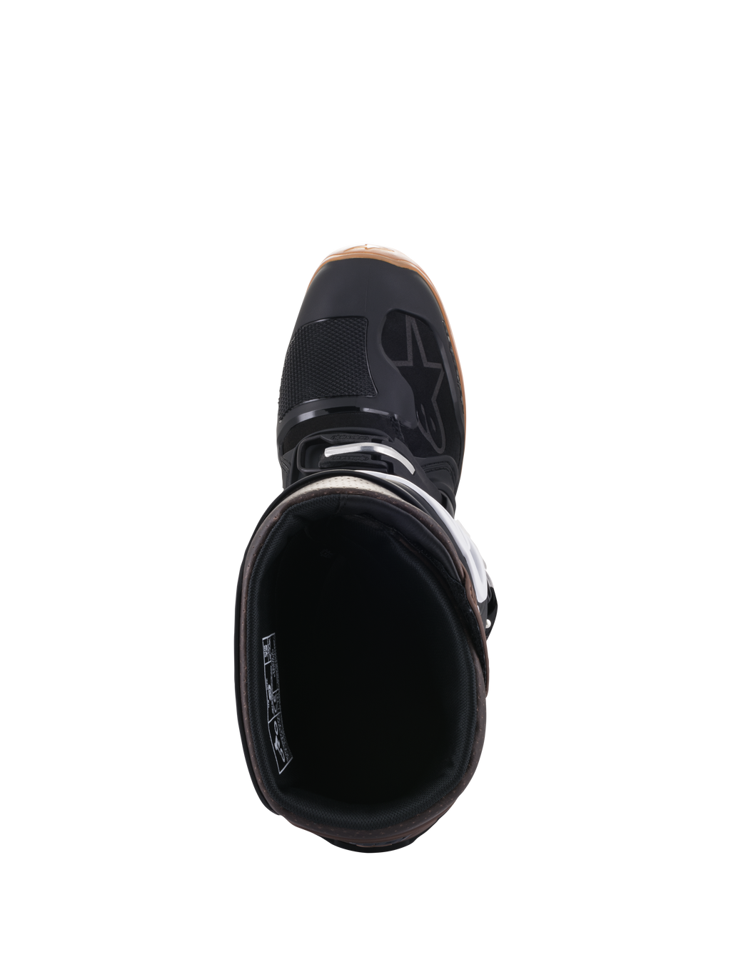 Botas Alpinestars Tech 7 Enduro, negro y marrón oscuro, vista superior que muestra la apertura de la bota y el forro interno, con detalles de hebillas blancas y el logotipo de Alpinestars, calzado profesional de motociclismo todoterreno