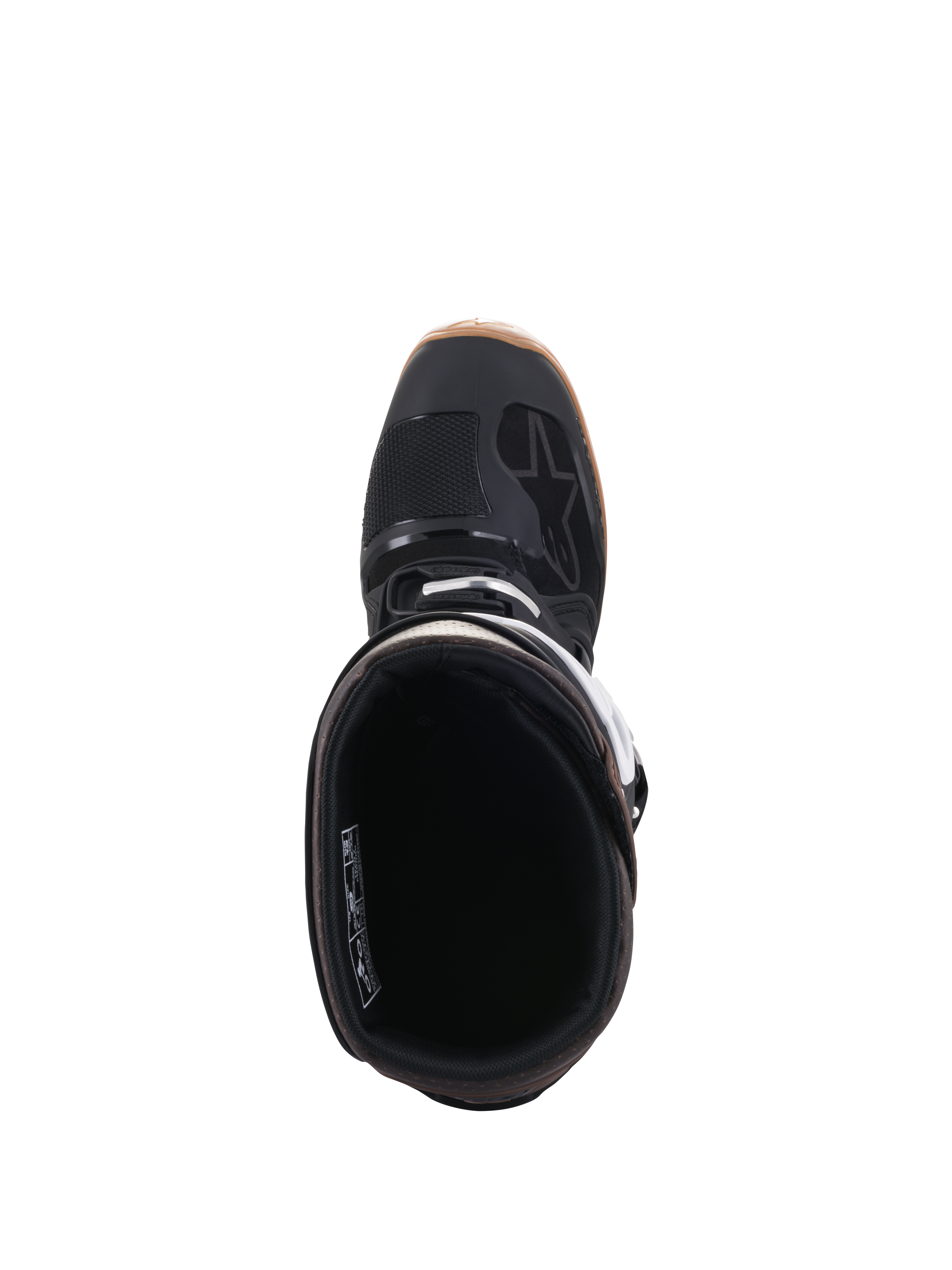 Botas Alpinestars Tech 7 Enduro, negro y marrón oscuro, vista superior que muestra la apertura de la bota y el forro interno, con detalles de hebillas blancas y el logotipo de Alpinestars, calzado profesional de motociclismo todoterreno