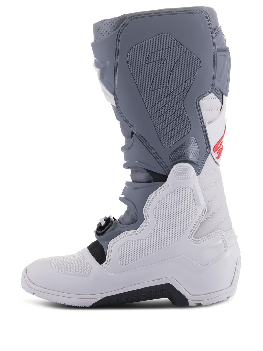 Botas Alpinestars Tech 7 Enduro, gris claro, gris oscuro y rojo brillante, vista de perfil lateral, con paneles protectores de TPU, sistema innovador de cierre de hebillas y suela de compuesto resistente para un rendimiento todoterreno