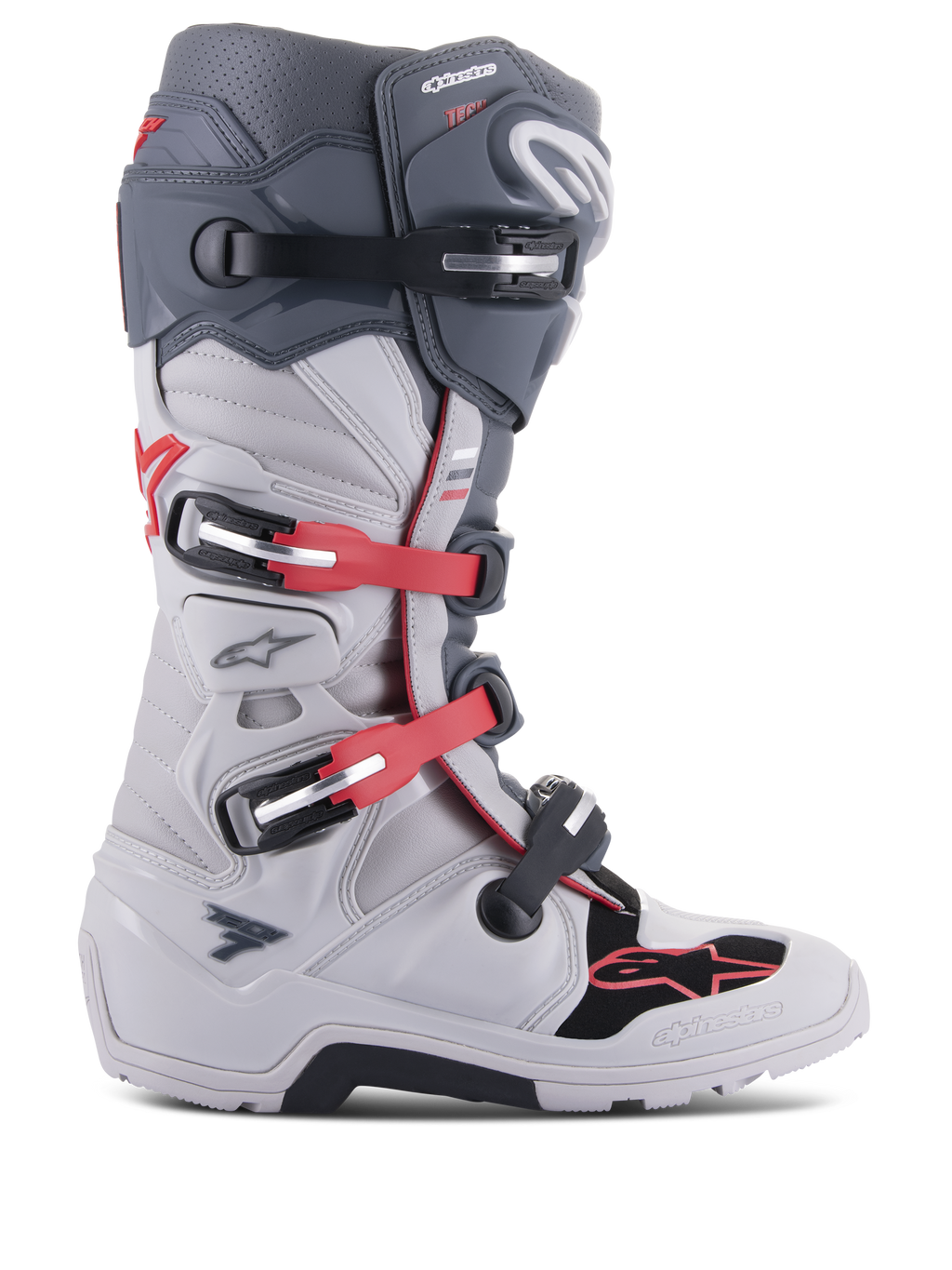 Botas Alpinestars Tech 7 Enduro, botas de moto todoterreno, gris claro y gris oscuro con acentos en rojo brillante, vista lateral con sistema de cierre de múltiples hebillas, pivote biomecánico para mayor estabilidad y paneles de protección de TPU reforzados, suela robusta específica para enduro, equipamiento de alto rendimiento para motocross y conducción por senderos.