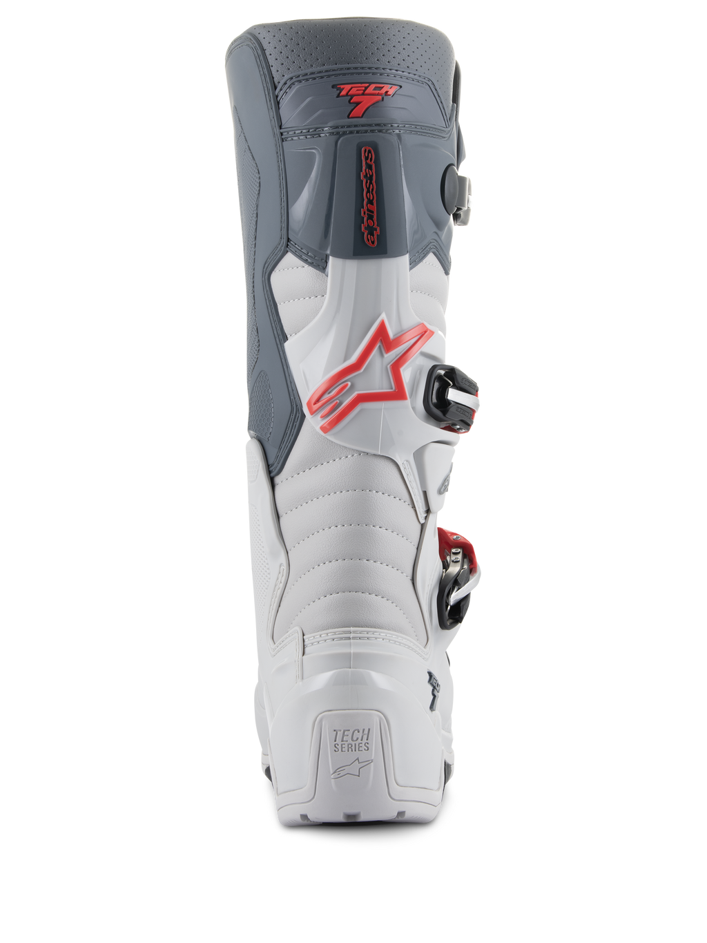 Botas Alpinestars Tech 7 Enduro, vista trasera, gris claro y gris oscuro con detalles en rojo brillante, con talón reforzado con la marca 'TECH SERIES', logotipo de estrella roja y sistema de cierre de hebillas duradero