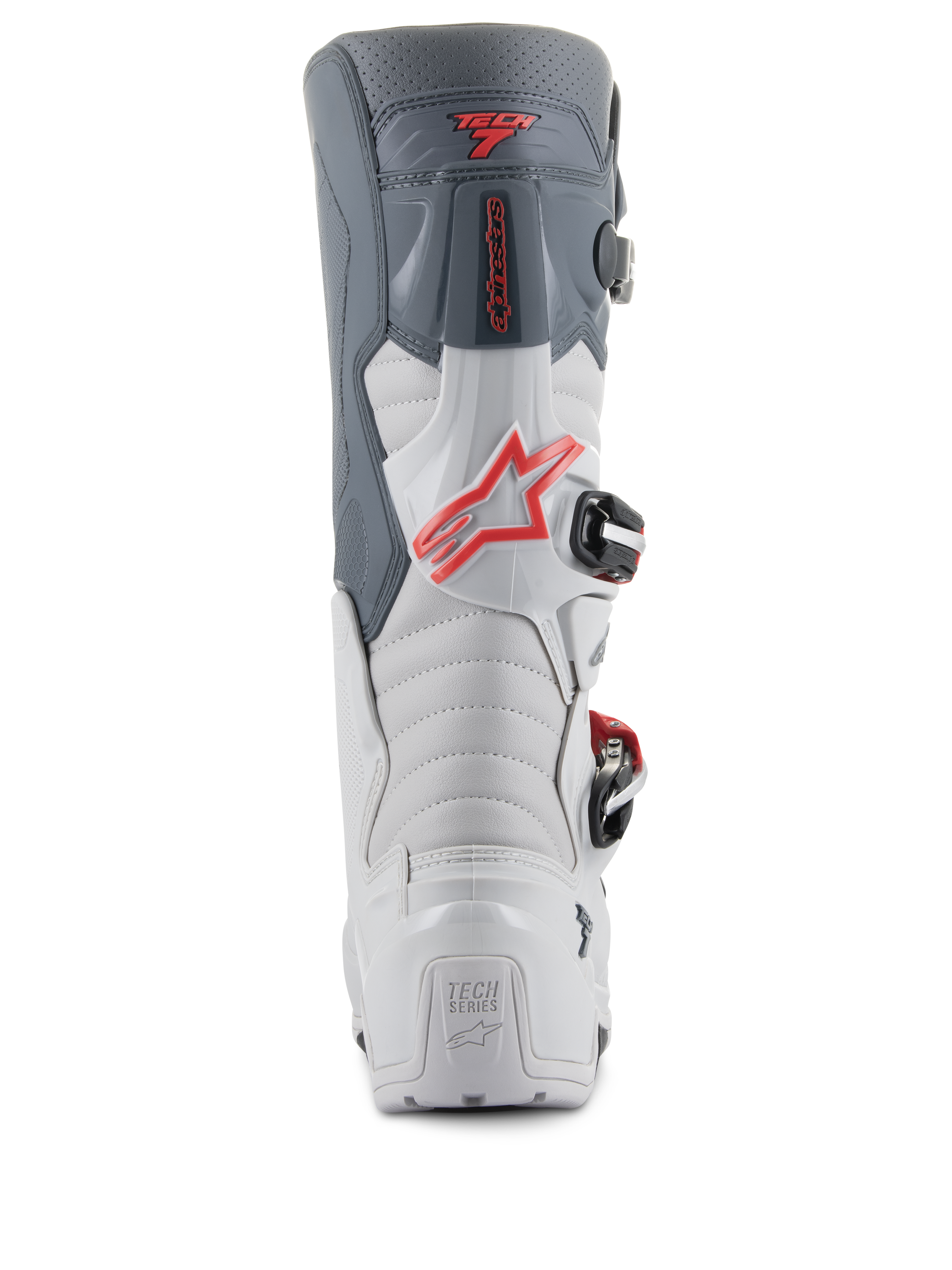 Botas Alpinestars Tech 7 Enduro, vista trasera, gris claro y gris oscuro con detalles en rojo brillante, con talón reforzado con la marca 'TECH SERIES', logotipo de estrella roja y sistema de cierre de hebillas duradero