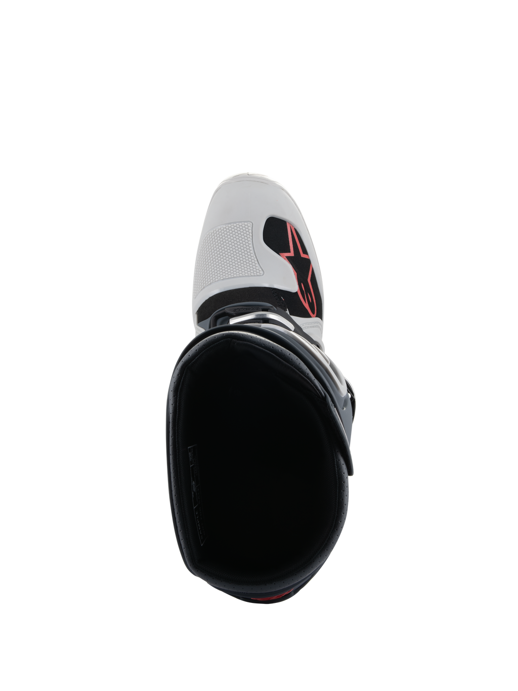 Botas Alpinestars Tech 7 Enduro, gris claro, gris oscuro y rojo brillante, vista superior del interior de la bota, muestra la puntera con el logotipo rojo de Alpinestars y el protector de cambio texturizado, calzado profesional para enduro y off-road