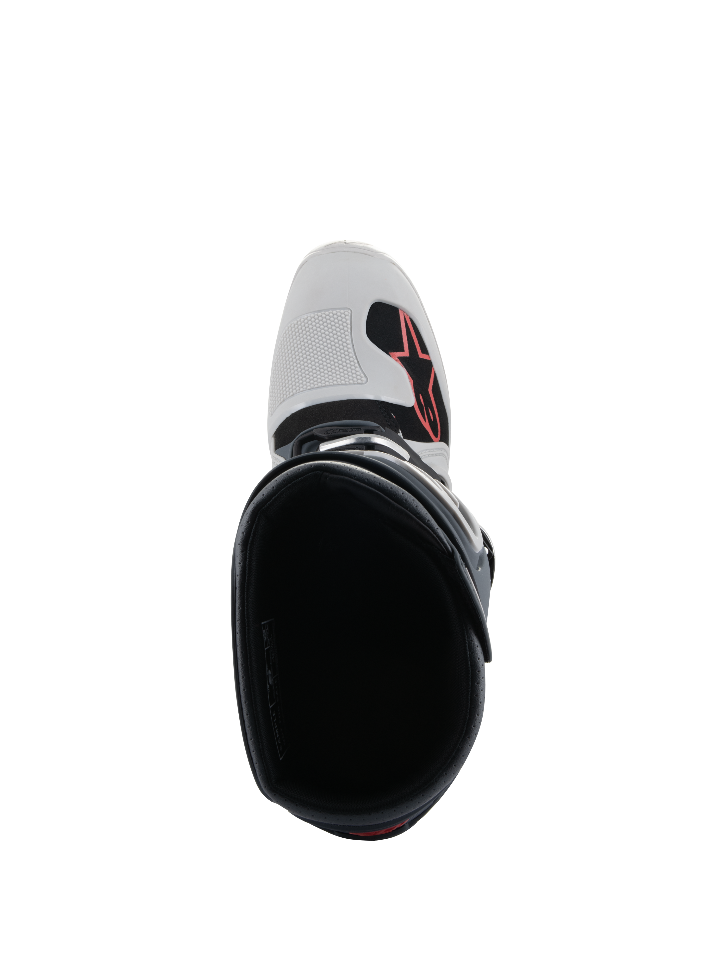 Botas Alpinestars Tech 7 Enduro, gris claro, gris oscuro y rojo brillante, vista superior del interior de la bota, muestra la puntera con el logotipo rojo de Alpinestars y el protector de cambio texturizado, calzado profesional para enduro y off-road