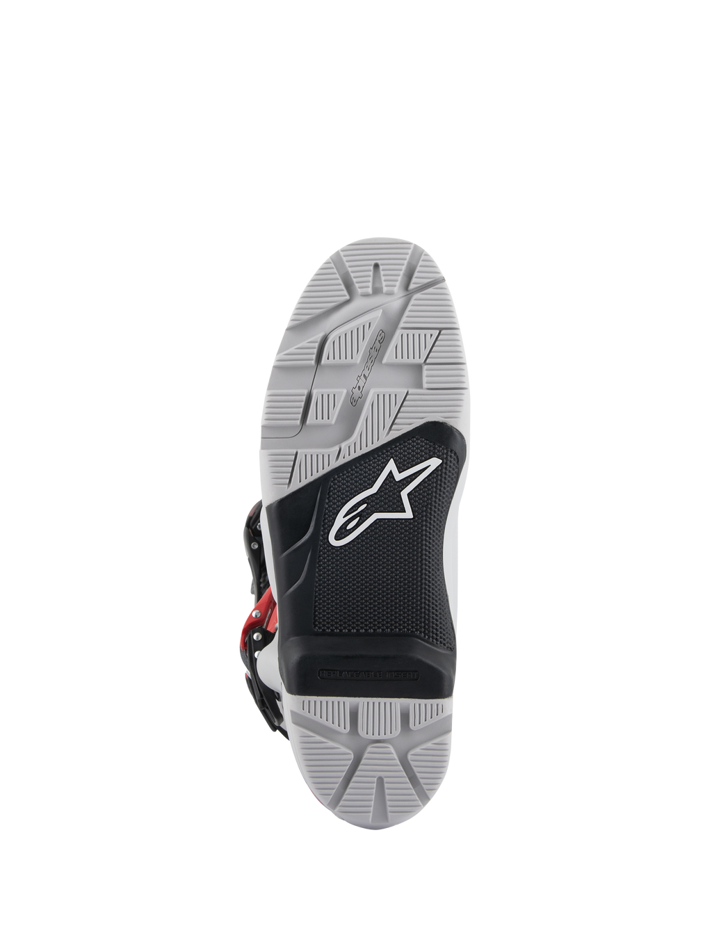 Botas Alpinestars Tech 7 Enduro, vista de la suela, suela de doble compuesto en gris y negro con logotipo de estrella blanca, banda de rodadura con textura profunda para un máximo agarre off-road, inserción de estribo reemplazable diseñada para durabilidad en conducción de enduro y todoterreno