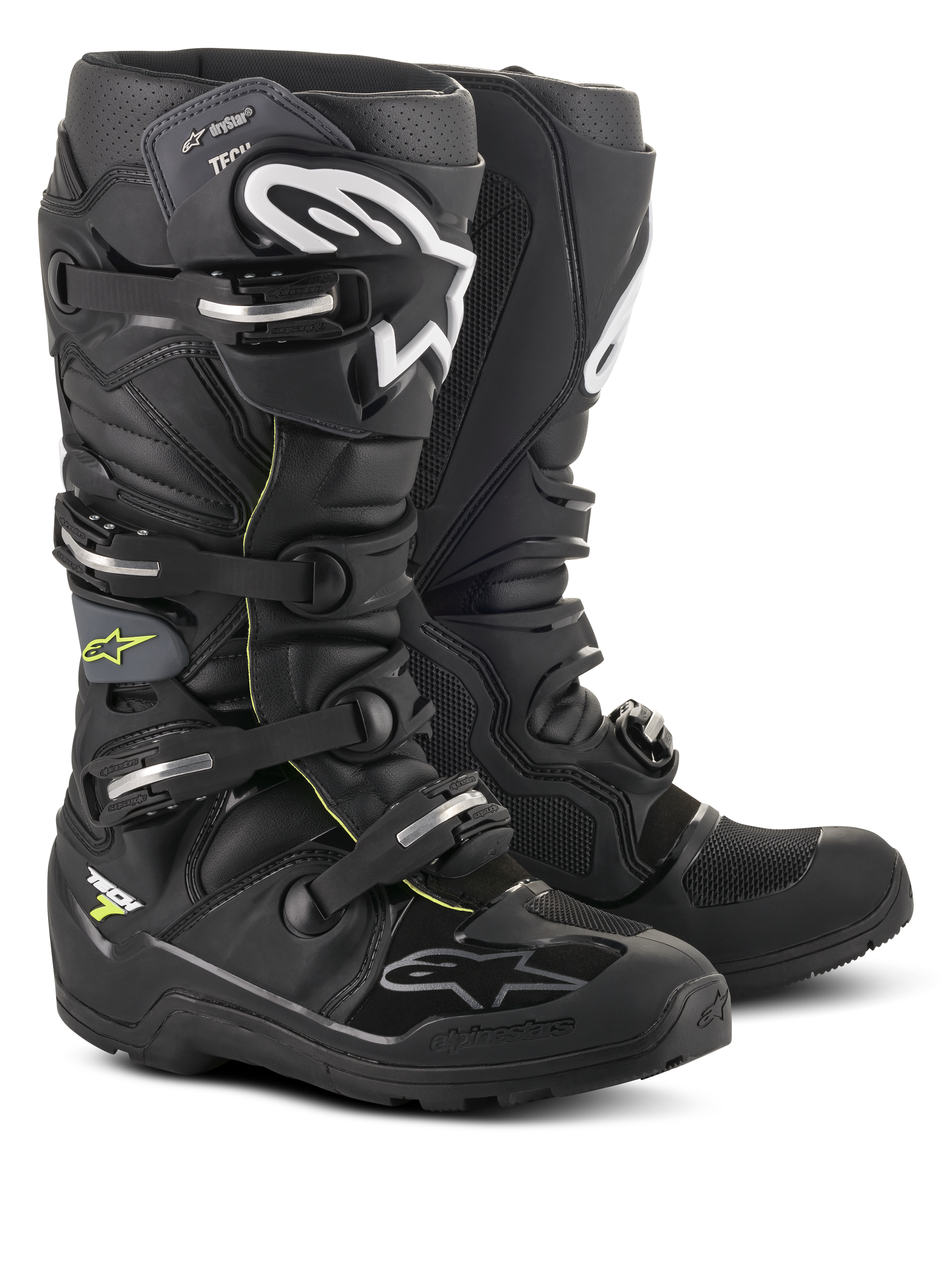 Botas Alpinestars Tech 7 Enduro Drystar®, calzado profesional para motocross y enduro, color negro y gris con logotipos blancos y hebillas plateadas, diseño impermeable y resistente con suelas robustas para rendimiento todoterreno