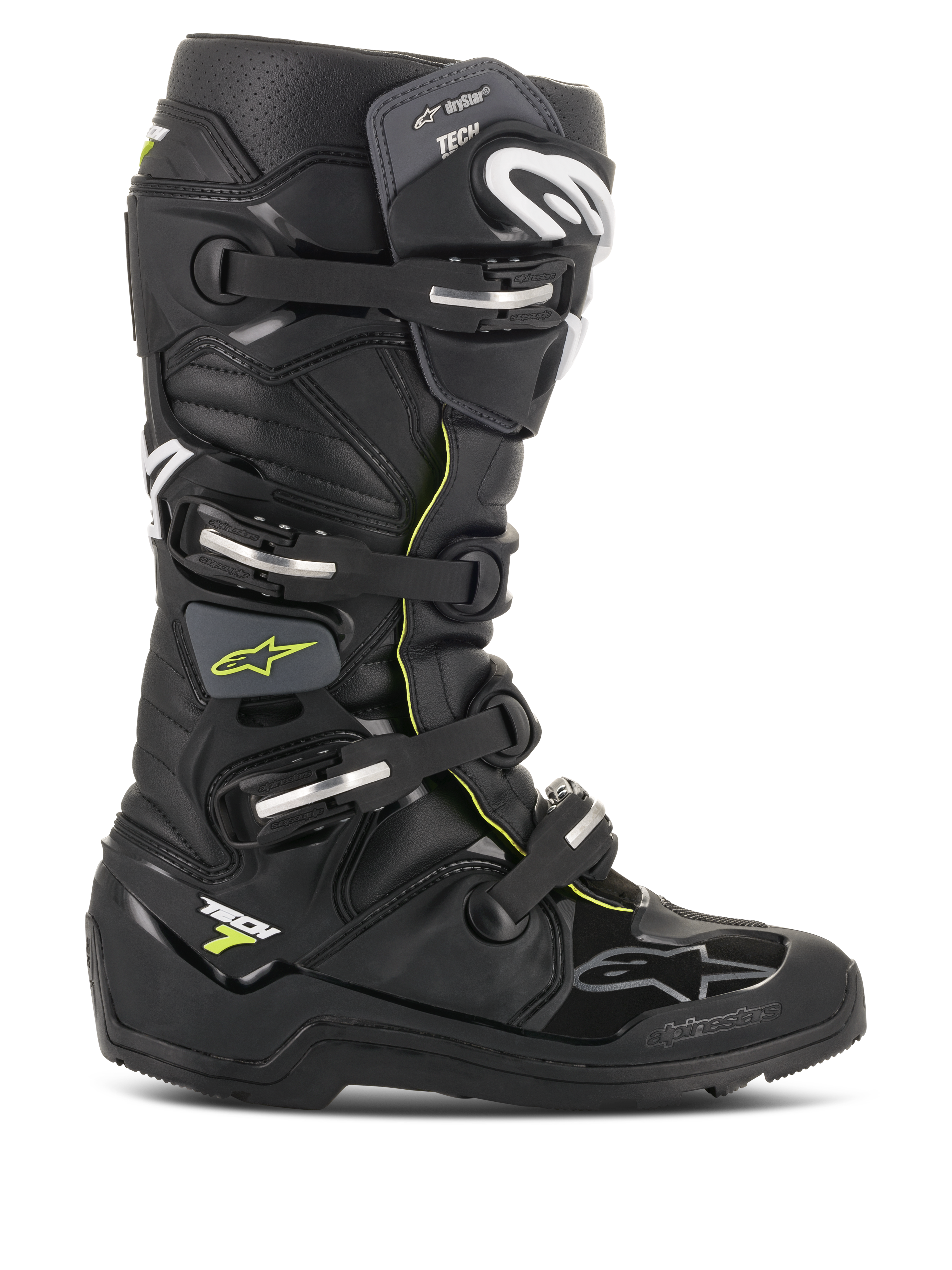 Botas Alpinestars Tech 7 Enduro Drystar, negras con detalles en amarillo fluorescente, botas de moto todoterreno impermeables con cuatro hebillas plateadas, suela robusta de gran agarre y construcción protectora de TPU para conducción de enduro