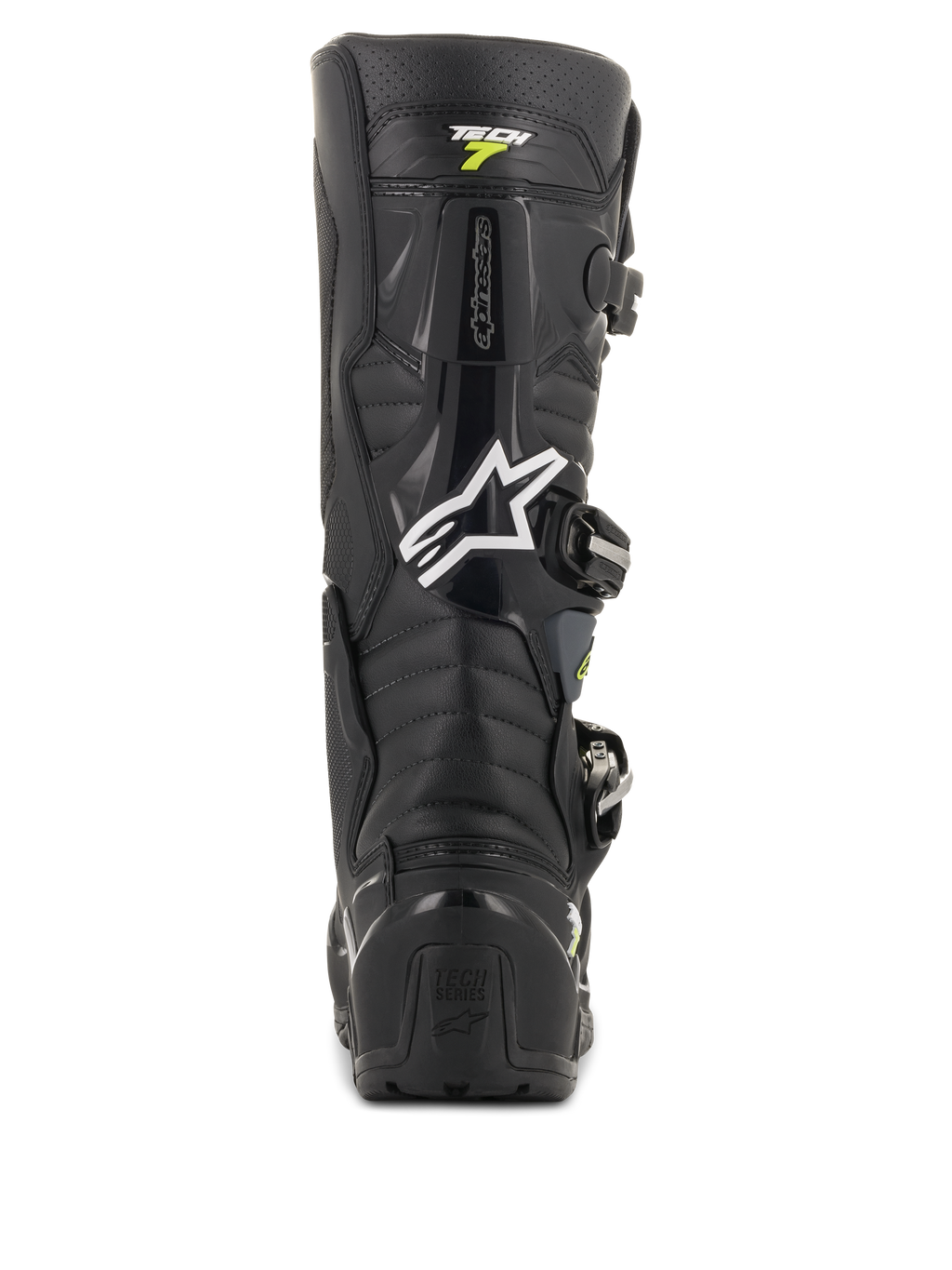Botas Alpinestars Tech 7 Enduro Drystar, botas de motocross negras y grises, vista trasera con el logo de Alpinestars en blanco y marca 'Tech 7', protección de talón de TPU resistente y construcción reforzada para durabilidad todoterreno
