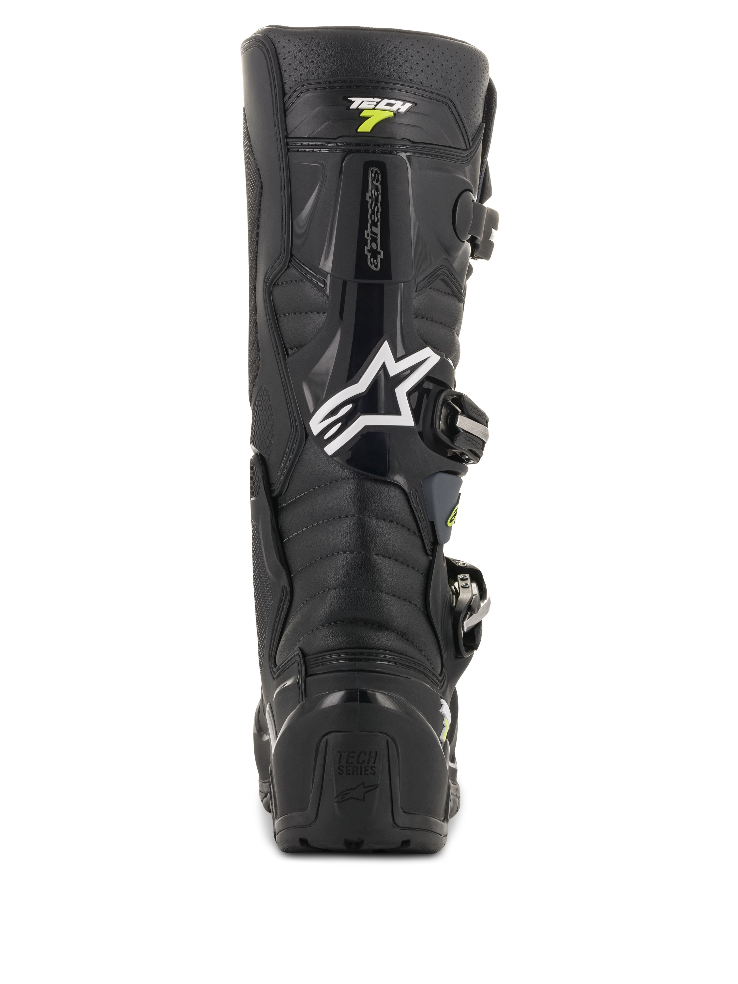 Botas Alpinestars Tech 7 Enduro Drystar, botas de motocross negras y grises, vista trasera con el logo de Alpinestars en blanco y marca 'Tech 7', protección de talón de TPU resistente y construcción reforzada para durabilidad todoterreno