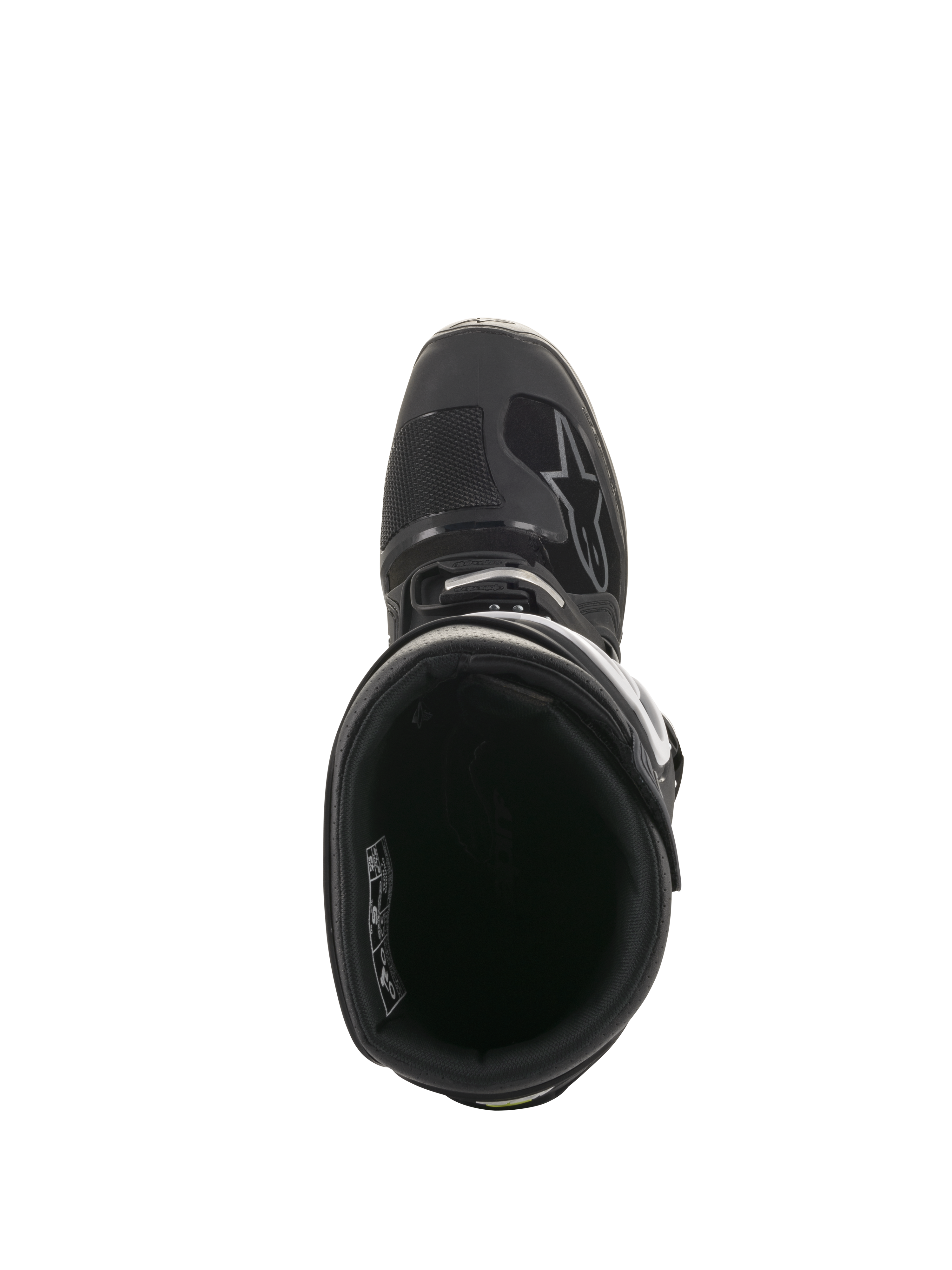 Botas Alpinestars Tech 7 Enduro Drystar®, vista superior del forro interior y el cuello acolchado del tobillo, calzado técnico para off-road en negro y gris con sistema de hebillas seguro