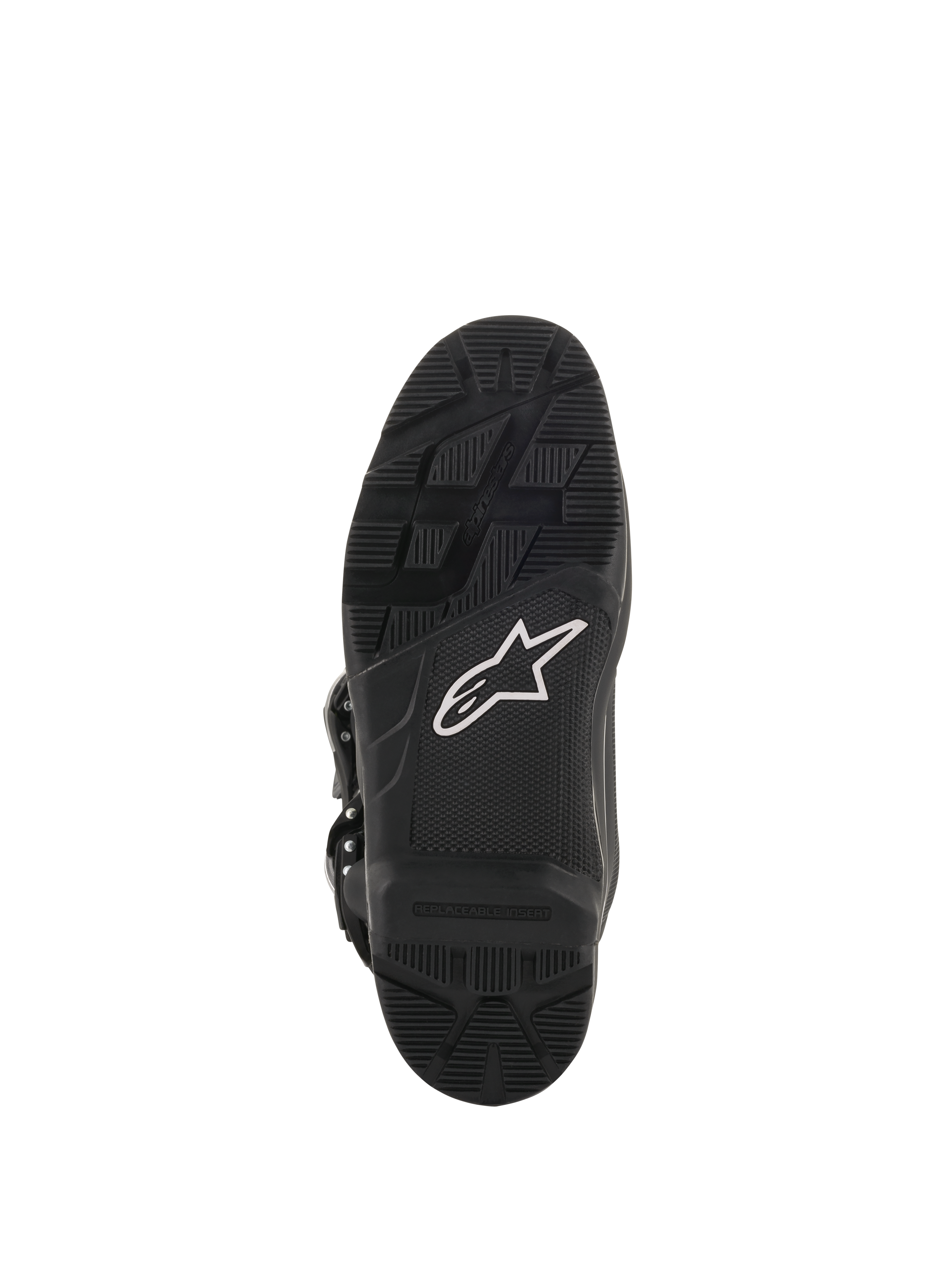 Botas Alpinestars Tech 7 Enduro Drystar®, botas de motocross y enduro, vista de la suela en color negro, compuesto de caucho de alto agarre con logotipo de estrella blanca e inserto reemplazable para un rendimiento duradero off-road