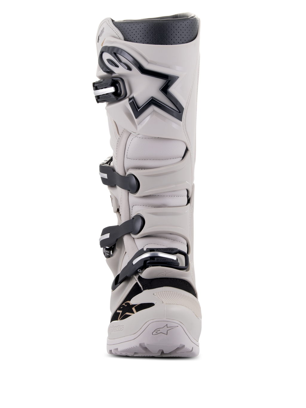 Botas Alpinestars Tech 7 Enduro Drystar®, botas de moto para enduro y off-road, Gray Sand, gris claro con detalles y logotipo en negro, con sistema de cierre de cuatro hebillas, placa de espinilla reforzada y diseño robusto para un rendimiento en cualquier clima