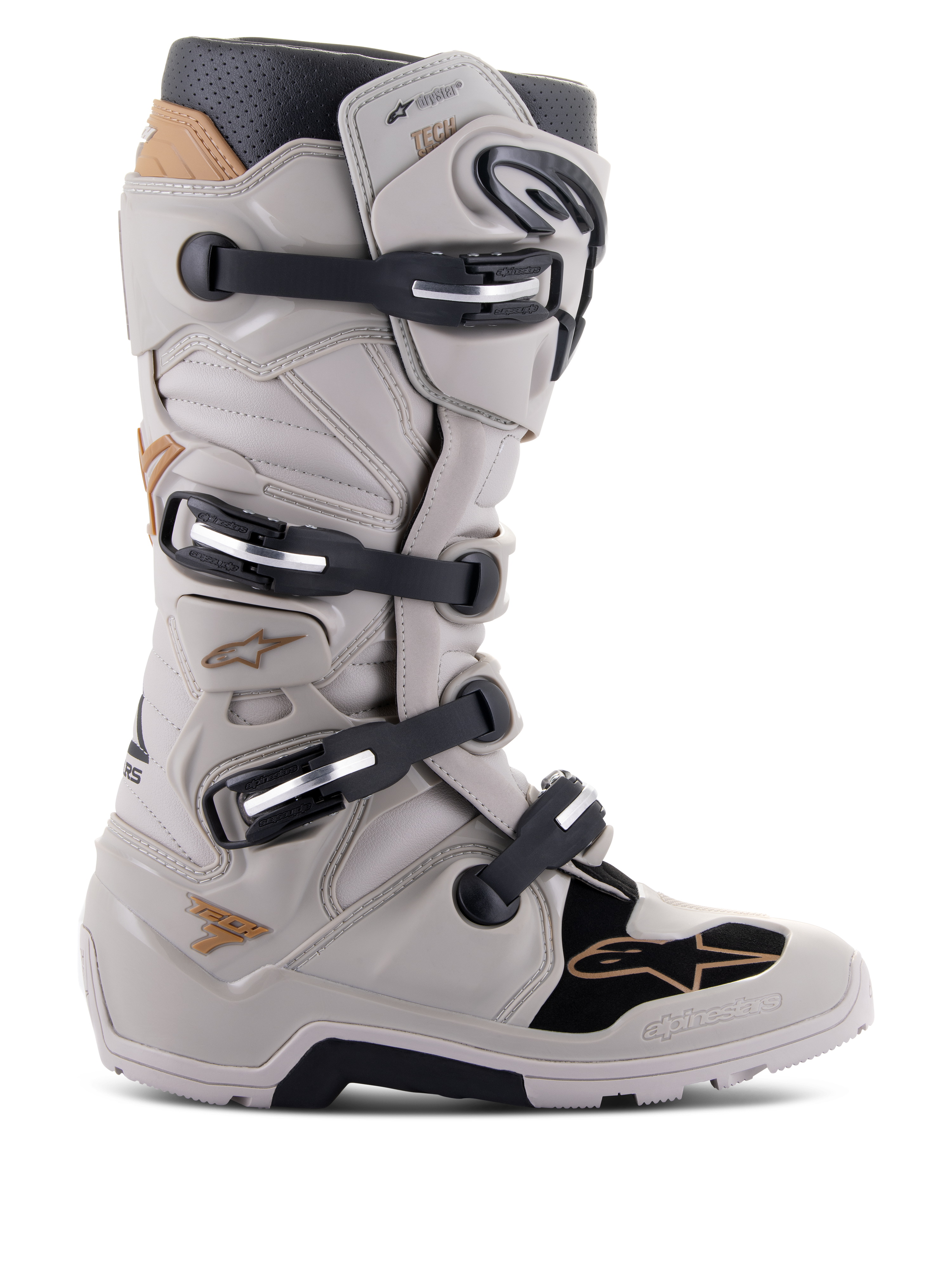 Alpinestars Tech 7 Enduro Drystar Boots, waterproof enduro motorcycle boots, Gray Sand and black with gold accents, four-buckle closure system, TPU protection plates, rugged sole for off-road grip