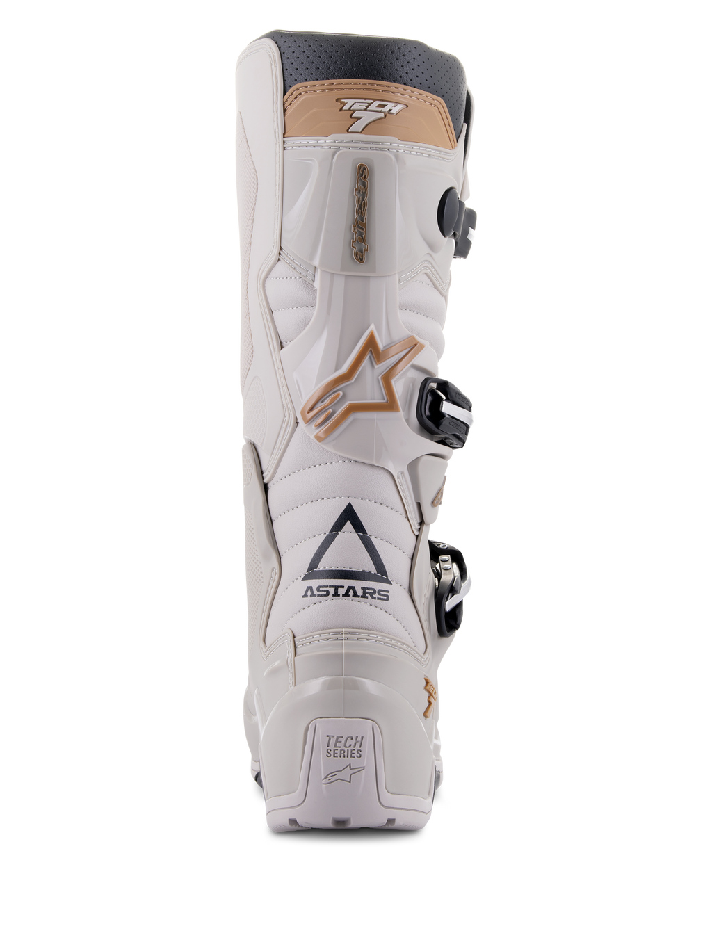 Botas Alpinestars Tech 7 Enduro Drystar®, Gris Arena, vista trasera que destaca la marca ASTARS y la placa del talón TECH SERIES, chasis de TPU gris claro con detalles en color arena y hebillas negras, diseñadas para la conducción de enduro
