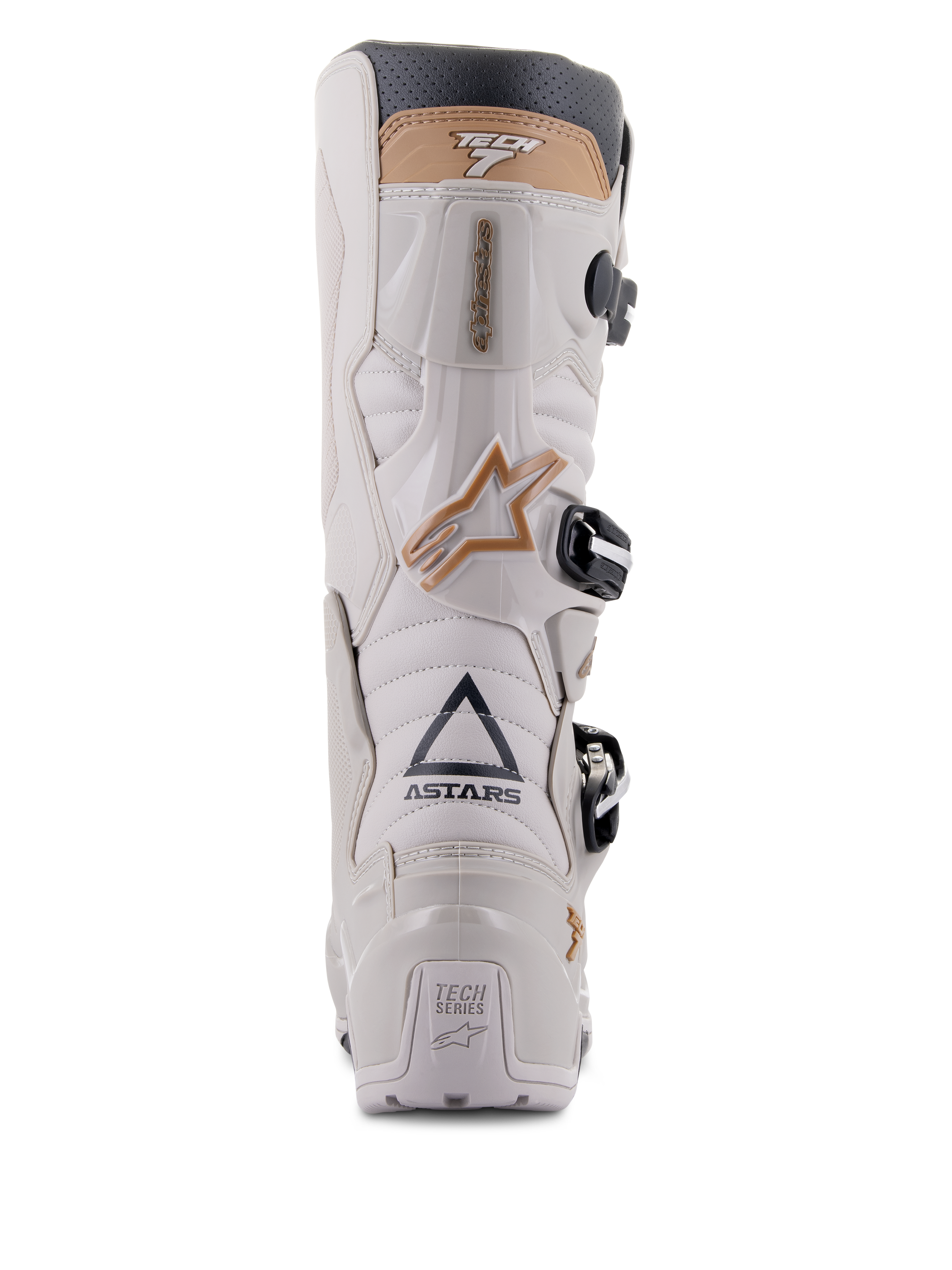 Botas Alpinestars Tech 7 Enduro Drystar®, Gris Arena, vista trasera que destaca la marca ASTARS y la placa del talón TECH SERIES, chasis de TPU gris claro con detalles en color arena y hebillas negras, diseñadas para la conducción de enduro