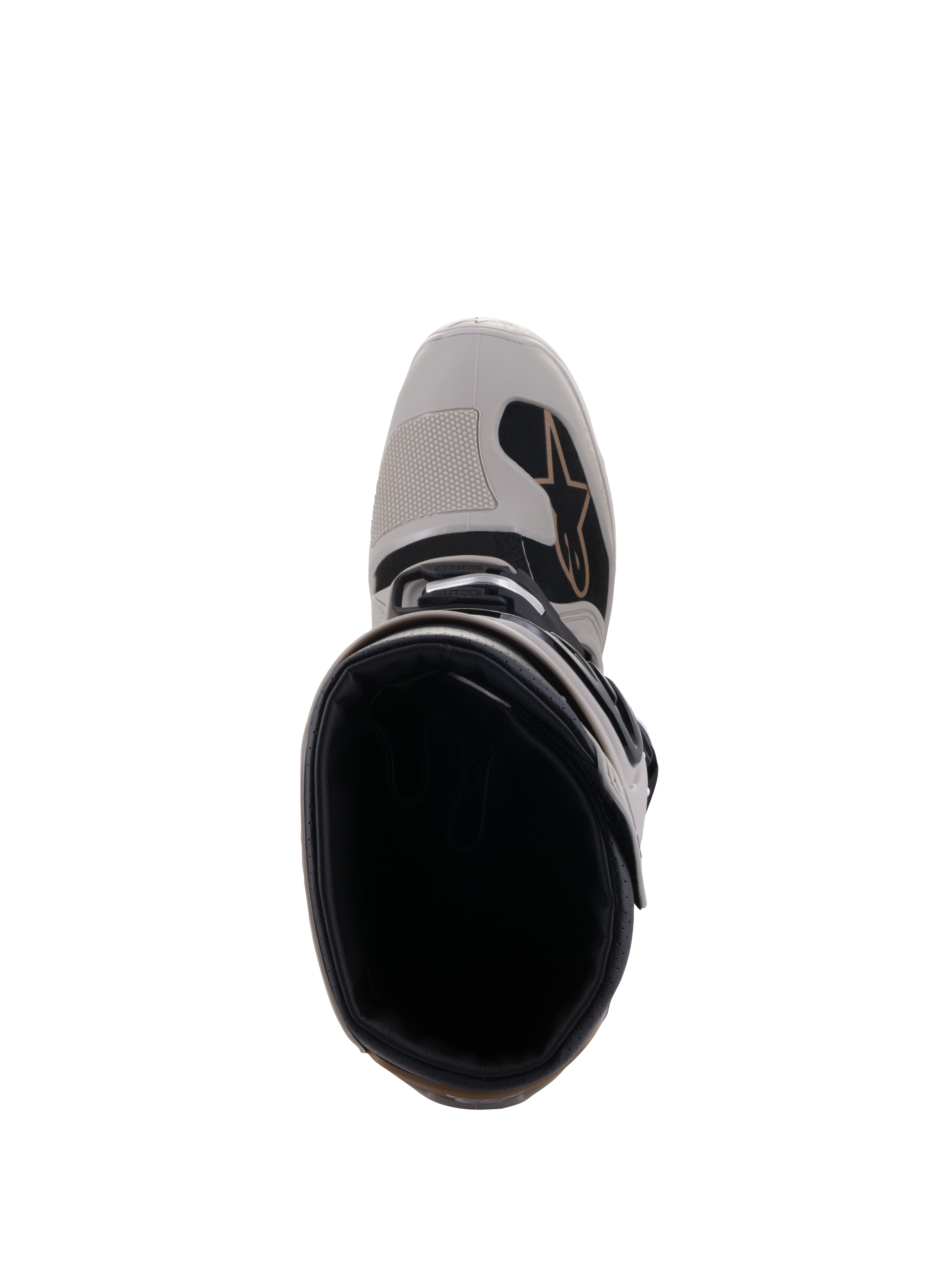 Botas Alpinestars Tech 7 Enduro Drystar®, Gris Arena, vista superior que muestra la apertura de la bota y la puntera reforzada, con detalles en negro y el logotipo de Alpinestars, calzado impermeable para moto todoterreno