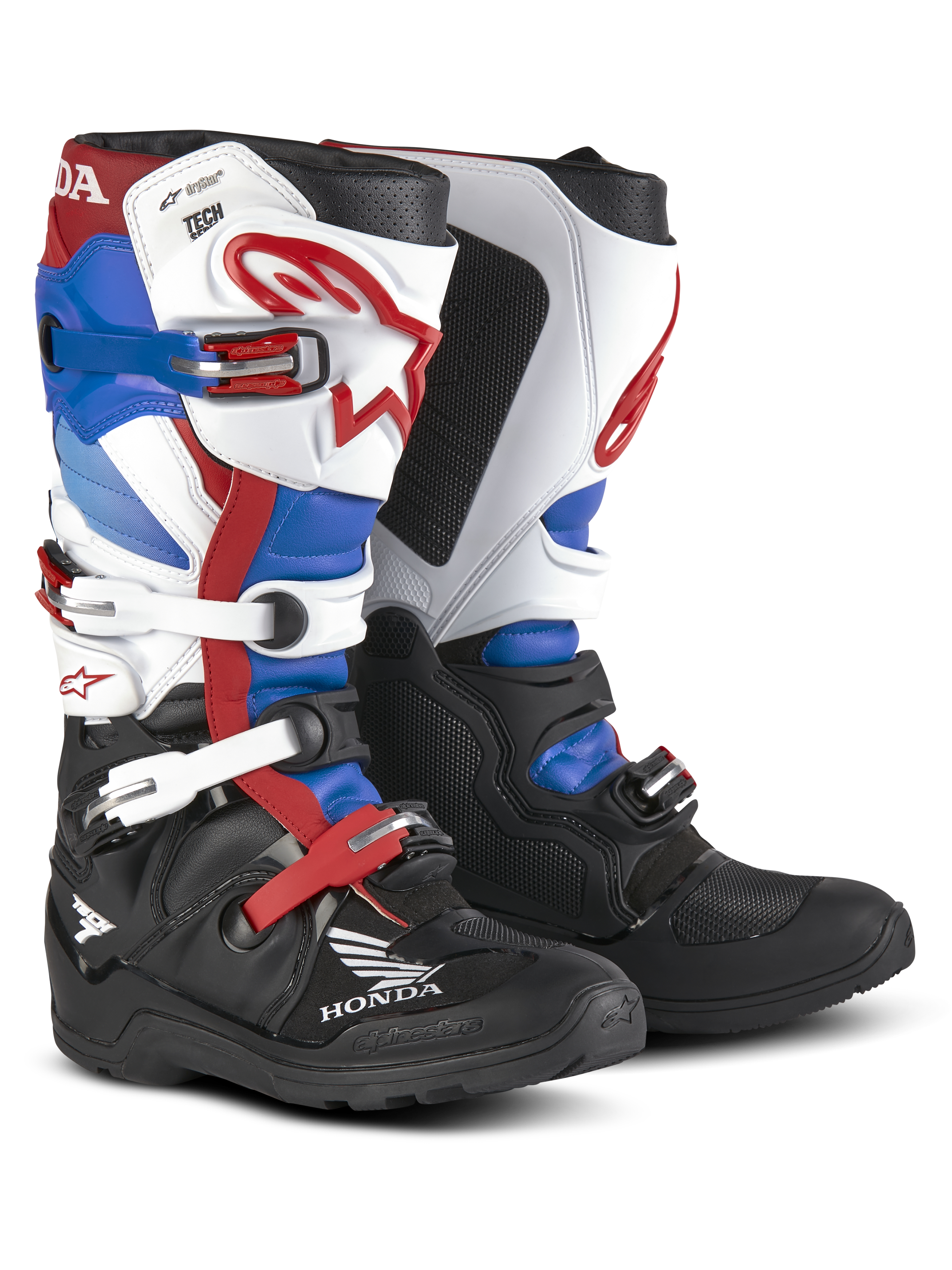 Botas Honda Tech 7 Enduro Drystar®, botas de enduro para motocicleta, rojo, azul, negro y blanco, múltiples hebillas ajustables, marca Honda, protección robusta, diseño con soporte alto para el tobillo