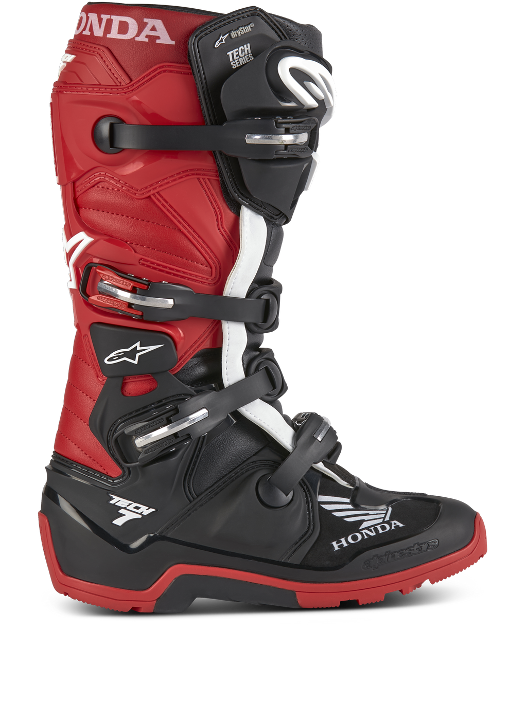 Alpinestars Honda Tech 7 Enduro Drystar®, botas de moto para enduro, color negro y rojo brillante con detalles en blanco, múltiples hebillas de ajuste, suela robusta para agarre todoterreno, tecnología impermeable Drystar® y logotipos destacados de Honda y Tech 7
