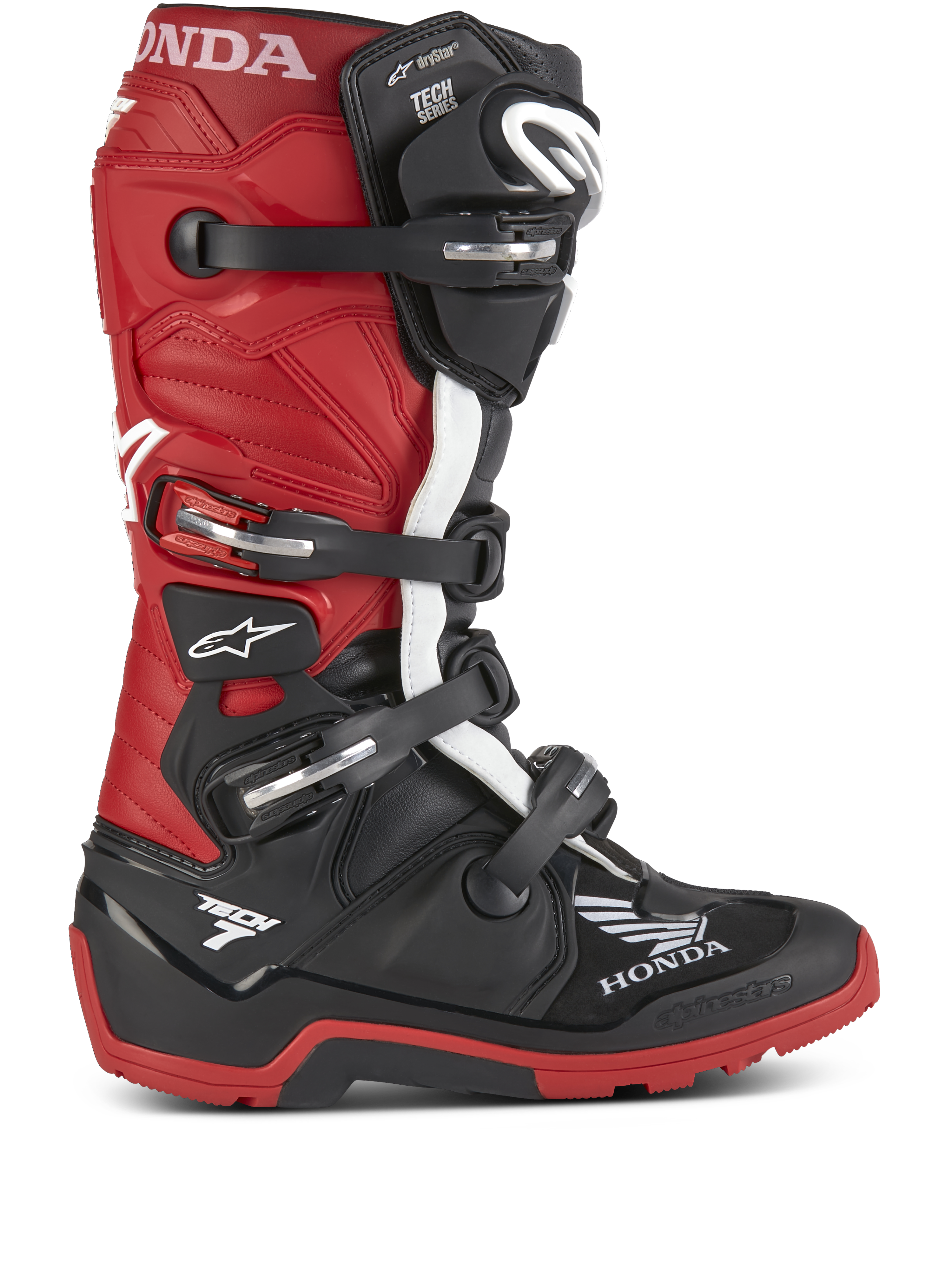 Alpinestars Honda Tech 7 Enduro Drystar®, botas de moto para enduro, color negro y rojo brillante con detalles en blanco, múltiples hebillas de ajuste, suela robusta para agarre todoterreno, tecnología impermeable Drystar® y logotipos destacados de Honda y Tech 7
