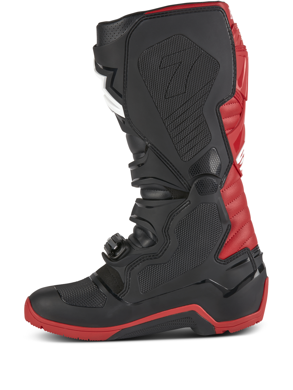 Botas Alpinestars Honda Tech 7 Enduro Drystar®, botas de motocross y enduro, negro y rojo brillante, vista de perfil lateral con hebillas de alta resistencia, placas protectoras de TPU y suela reforzada roja