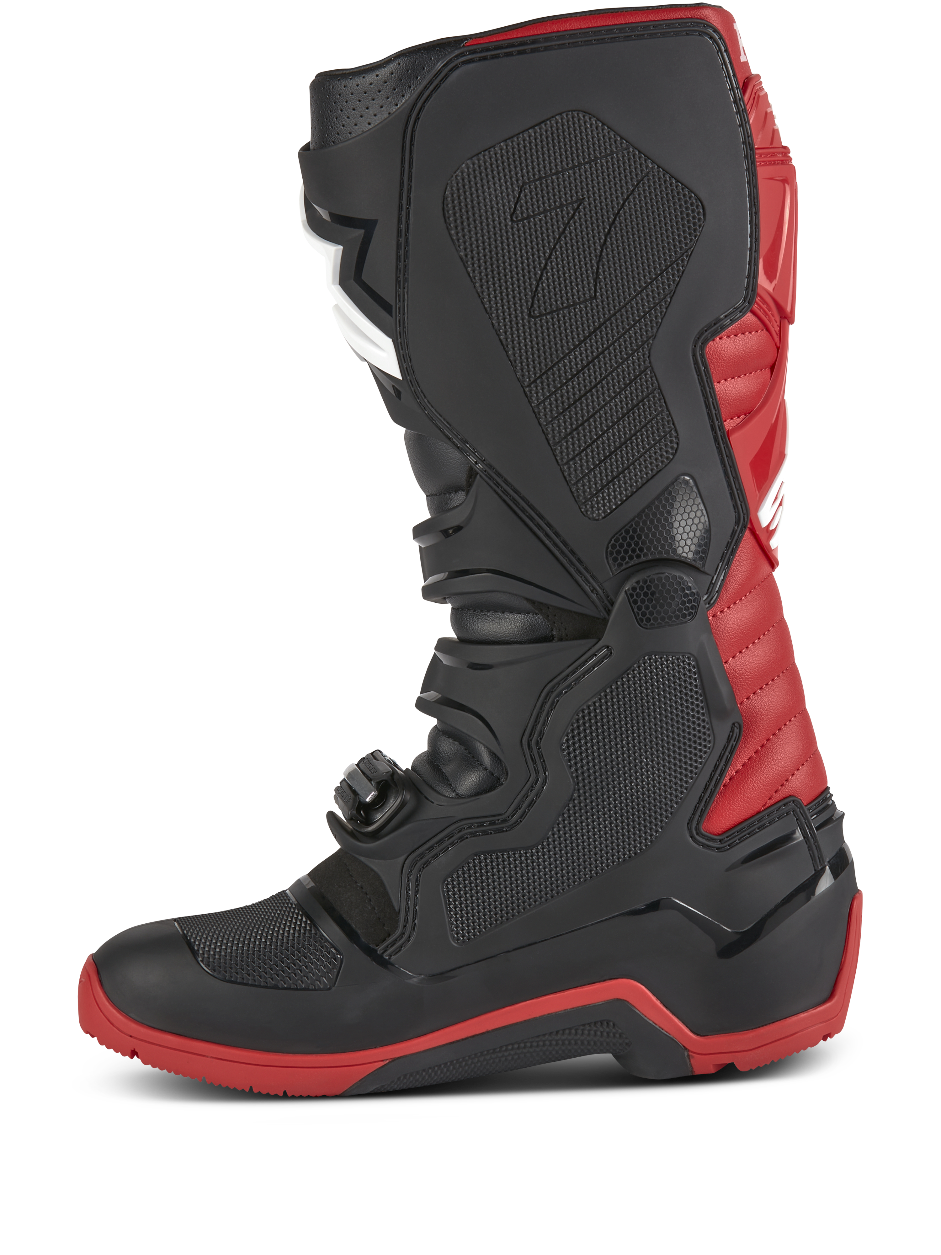 Botas Alpinestars Honda Tech 7 Enduro Drystar®, botas de motocross y enduro, negro y rojo brillante, vista de perfil lateral con hebillas de alta resistencia, placas protectoras de TPU y suela reforzada roja