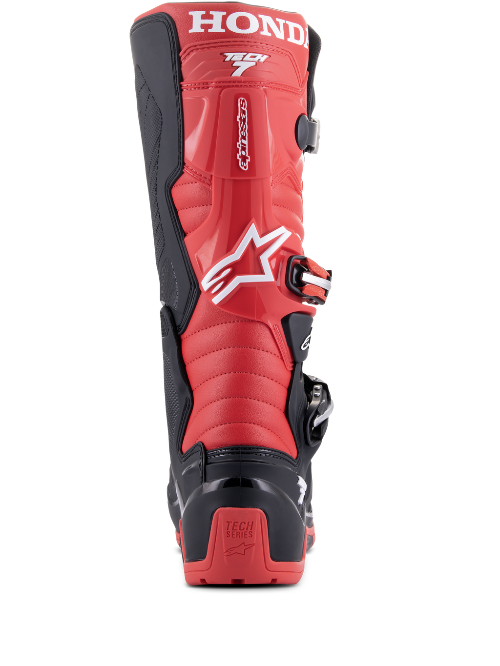 Botas Alpinestars Honda Tech 7 Enduro Drystar®, Negro y Rojo Brillante, vista trasera con una destacada marca HONDA en la parte superior de la pantorrilla, protector de talón de TPU con el logotipo de Tech Series y sistema de cierre de hebillas seguro