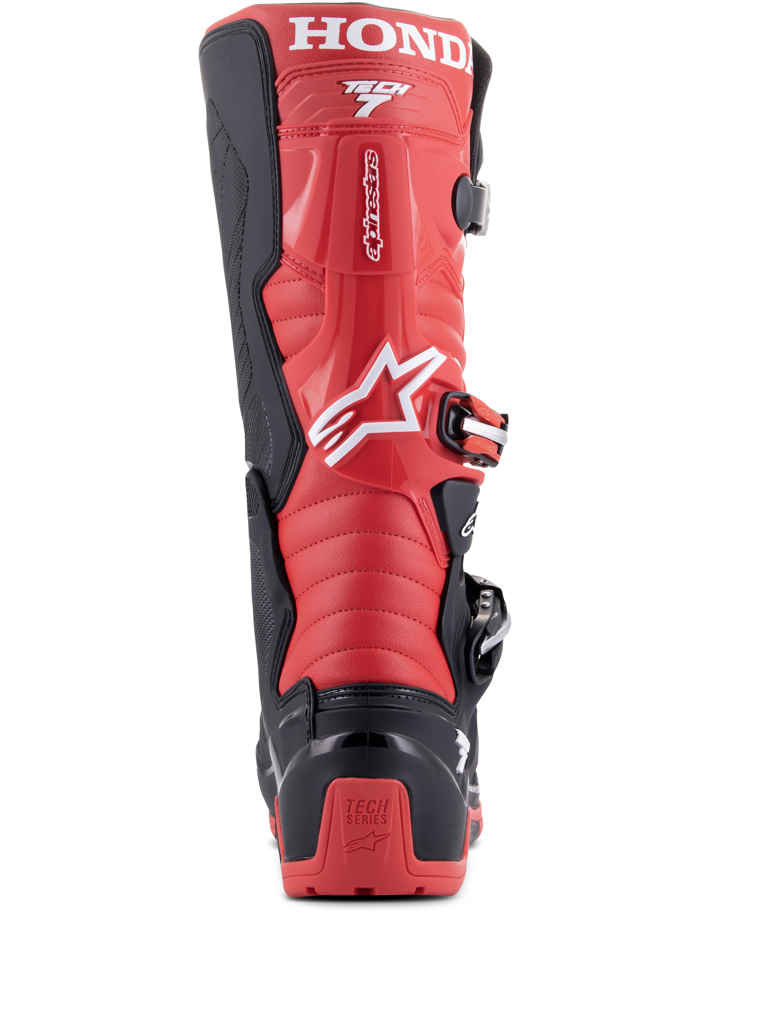 Botas Alpinestars Honda Tech 7 Enduro Drystar®, Negro y Rojo Brillante, vista trasera con una destacada marca HONDA en la parte superior de la pantorrilla, protector de talón de TPU con el logotipo de Tech Series y sistema de cierre de hebillas seguro