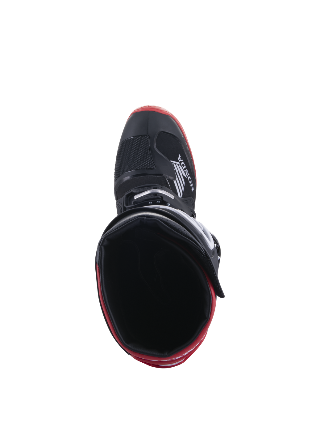 Botas Honda Tech 7 Enduro Drystar®, negro y rojo brillante, vista superior mirando hacia el interior de la bota, con el logotipo de Honda en el lateral, detalles rojos en la suela, construcción impermeable para conducción off-road