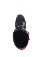 Botas Honda Tech 7 Enduro Drystar®, negro y rojo brillante, vista superior mirando hacia el interior de la bota, con el logotipo de Honda en el lateral, detalles rojos en la suela, construcción impermeable para conducción off-road
