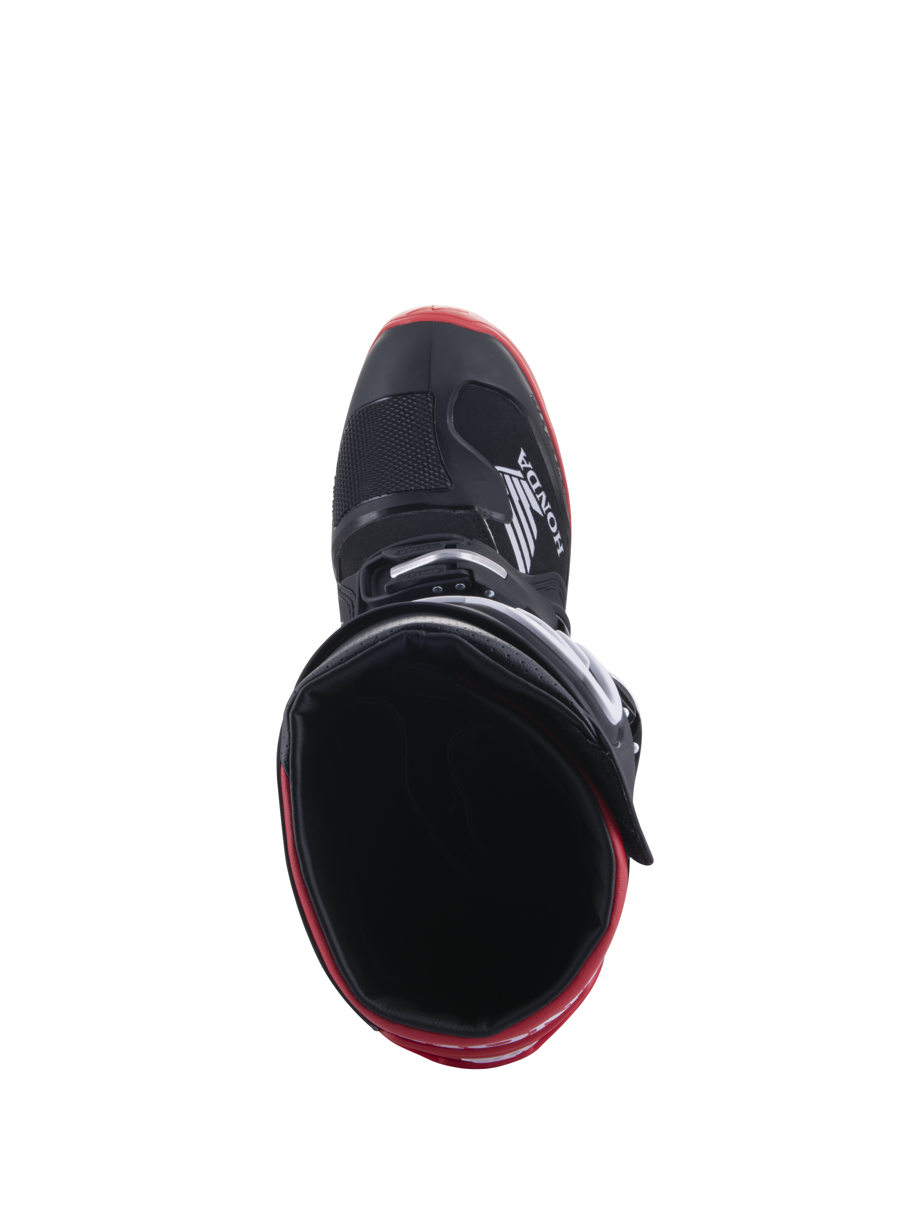 Botas Honda Tech 7 Enduro Drystar®, negro y rojo brillante, vista superior mirando hacia el interior de la bota, con el logotipo de Honda en el lateral, detalles rojos en la suela, construcción impermeable para conducción off-road