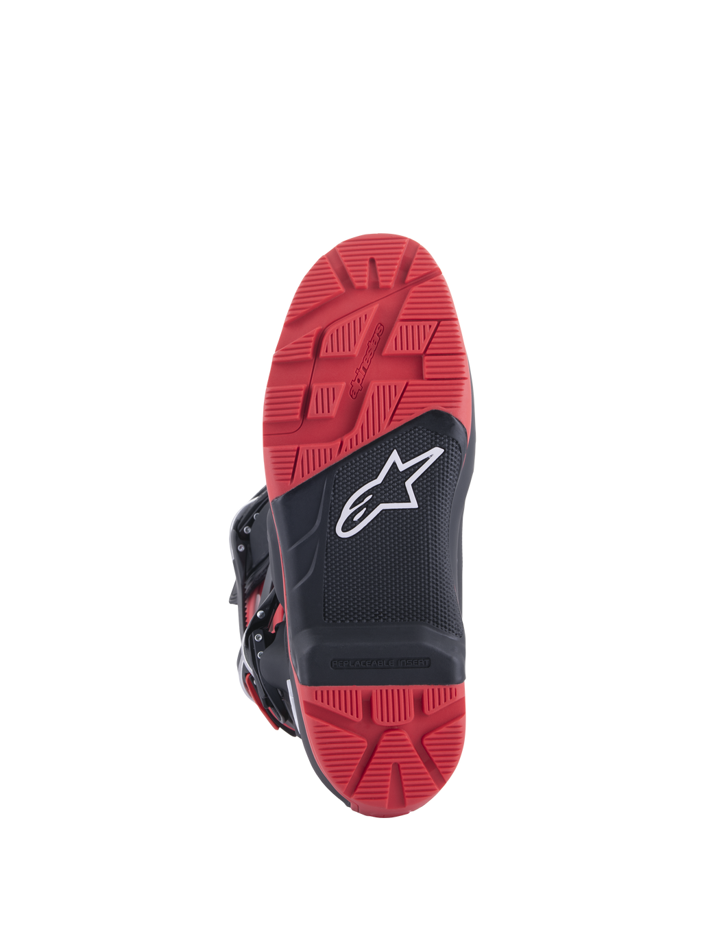 Botas Honda Tech 7 Enduro Drystar®, negro y rojo brillante, vista de la suela con patrón de tracción de gran agarre e inserto reemplazable, construcción de goma de doble densidad y logotipo blanco de Alpinestars sobre panel negro texturizado.
