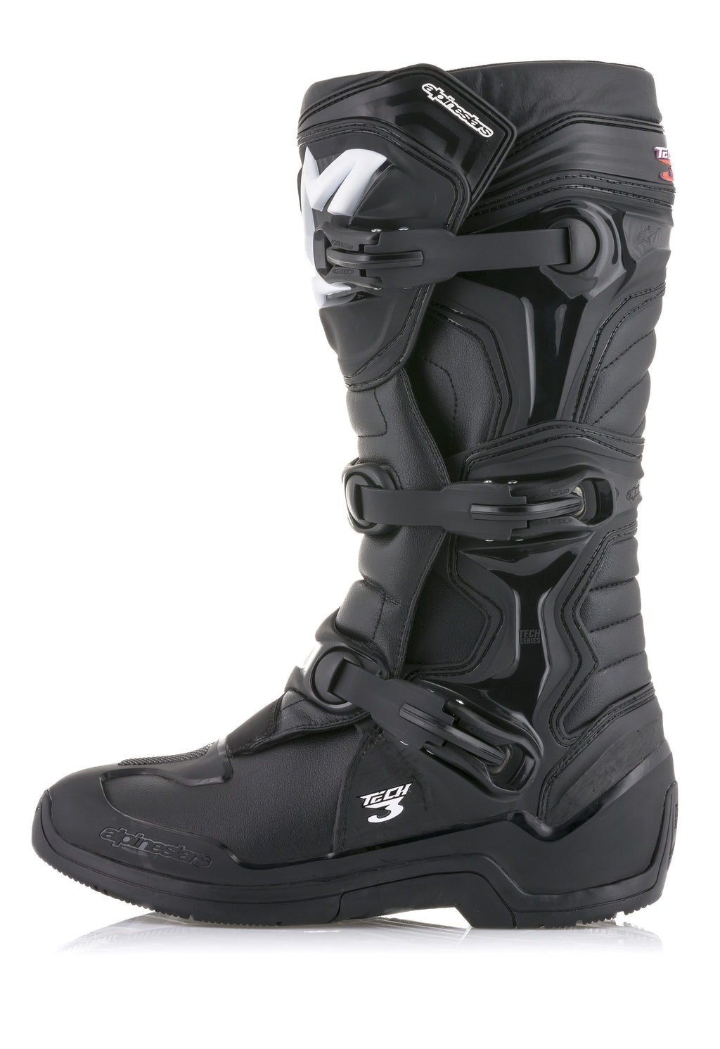 Alpinestars Tech 3 Boots, Black Motocross Boots, side profile view featuring triple buckle closure system, TPU protective panels, and durable microfiber upper for off-road performance
