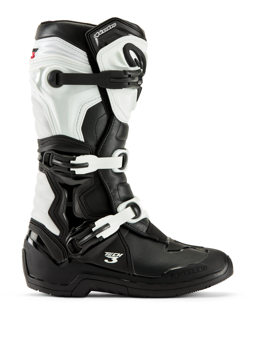 Botas Alpinestars Tech 3, botas de motocross, negro y blanco, vista de perfil lateral con sistema de cierre de tres hebillas, paneles protectores de TPU y construcción sintética duradera para carreras off-road